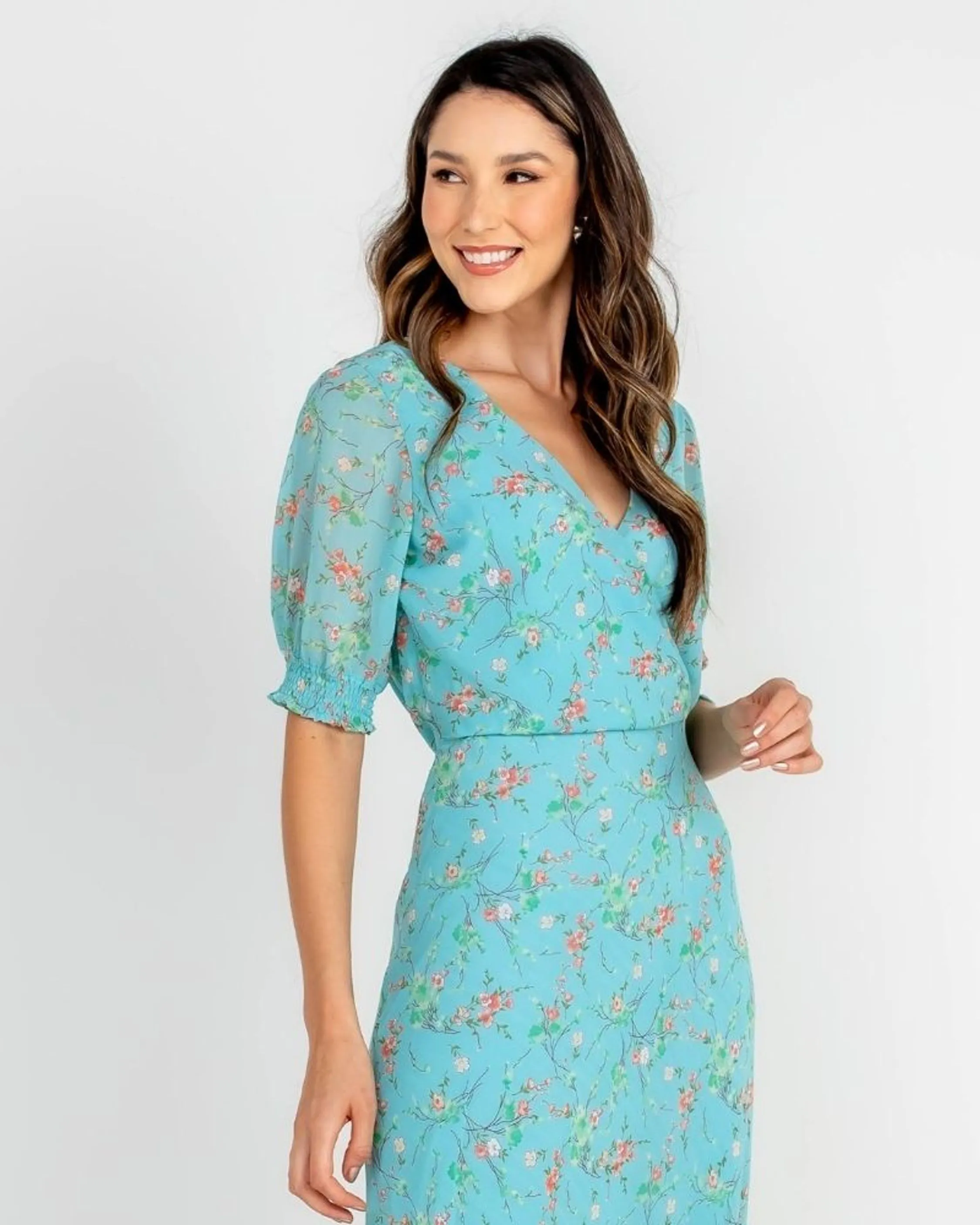 VESTIDO LONGO DE CHIFFON BUSTO TRANSPASSADO AZUL FLORAL