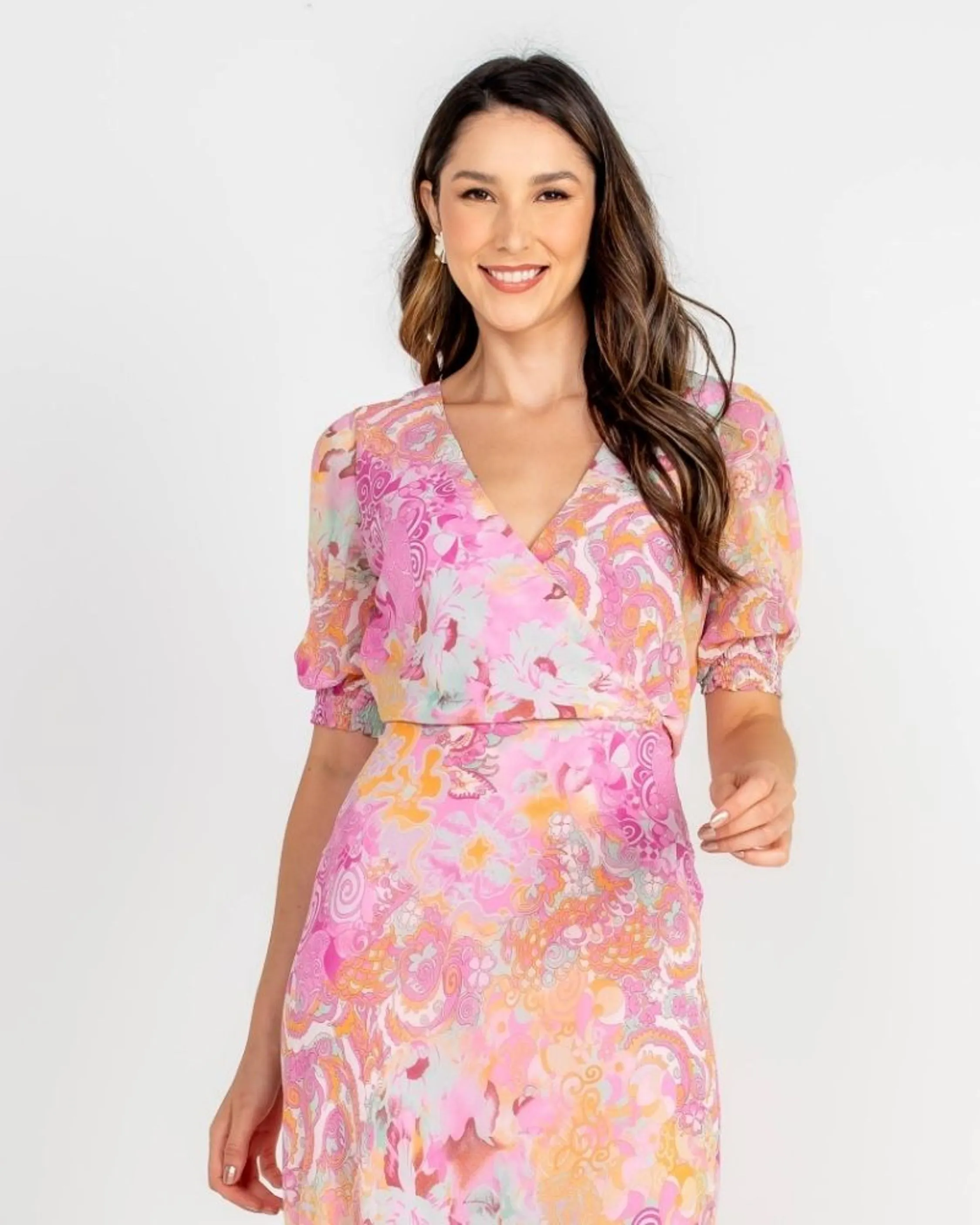 VESTIDO LONGO DE CHIFFON BUSTO TRANSPASSADO ROSA