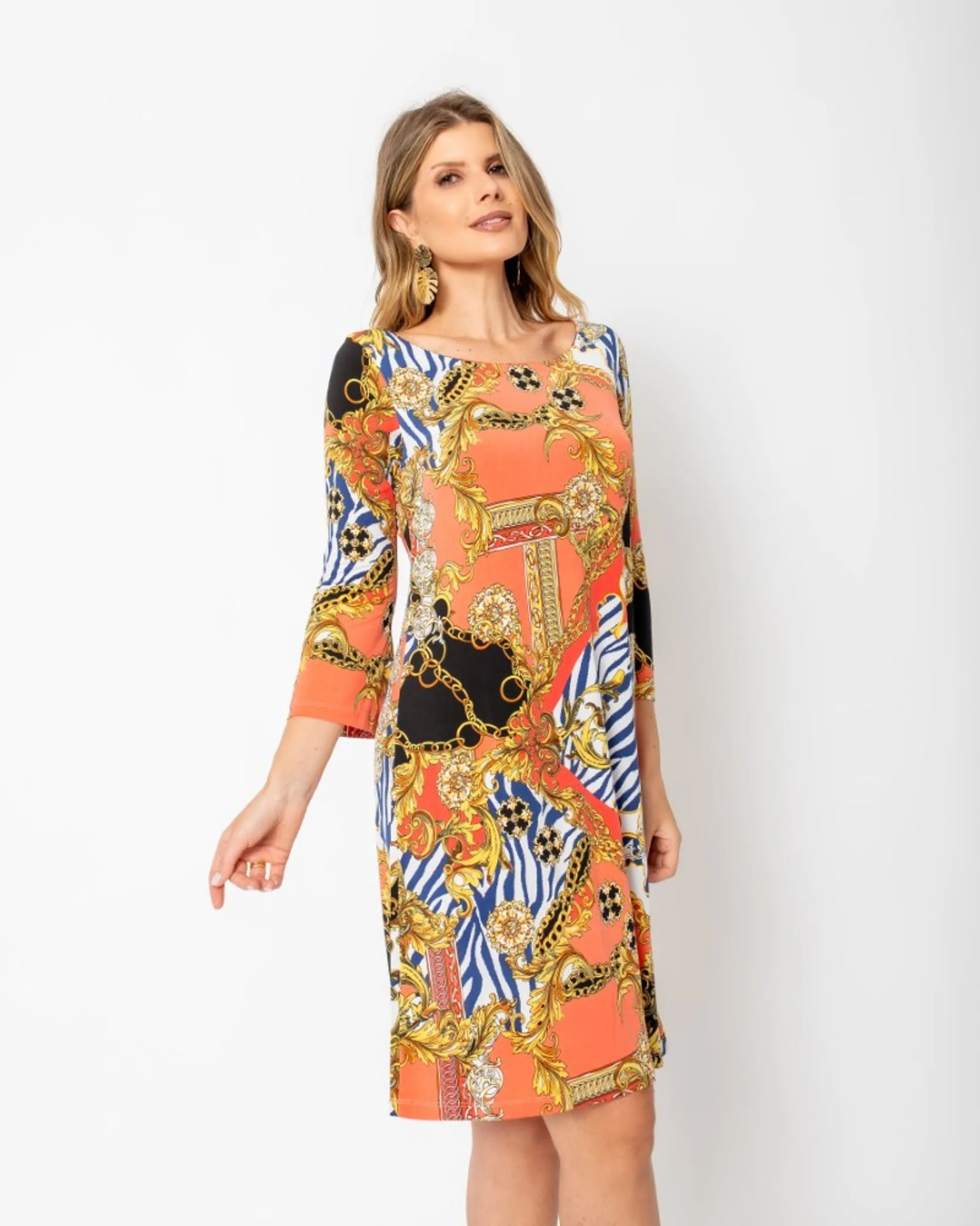 VESTIDO MIDI DE MALHA ESTAMPADO LARANJA