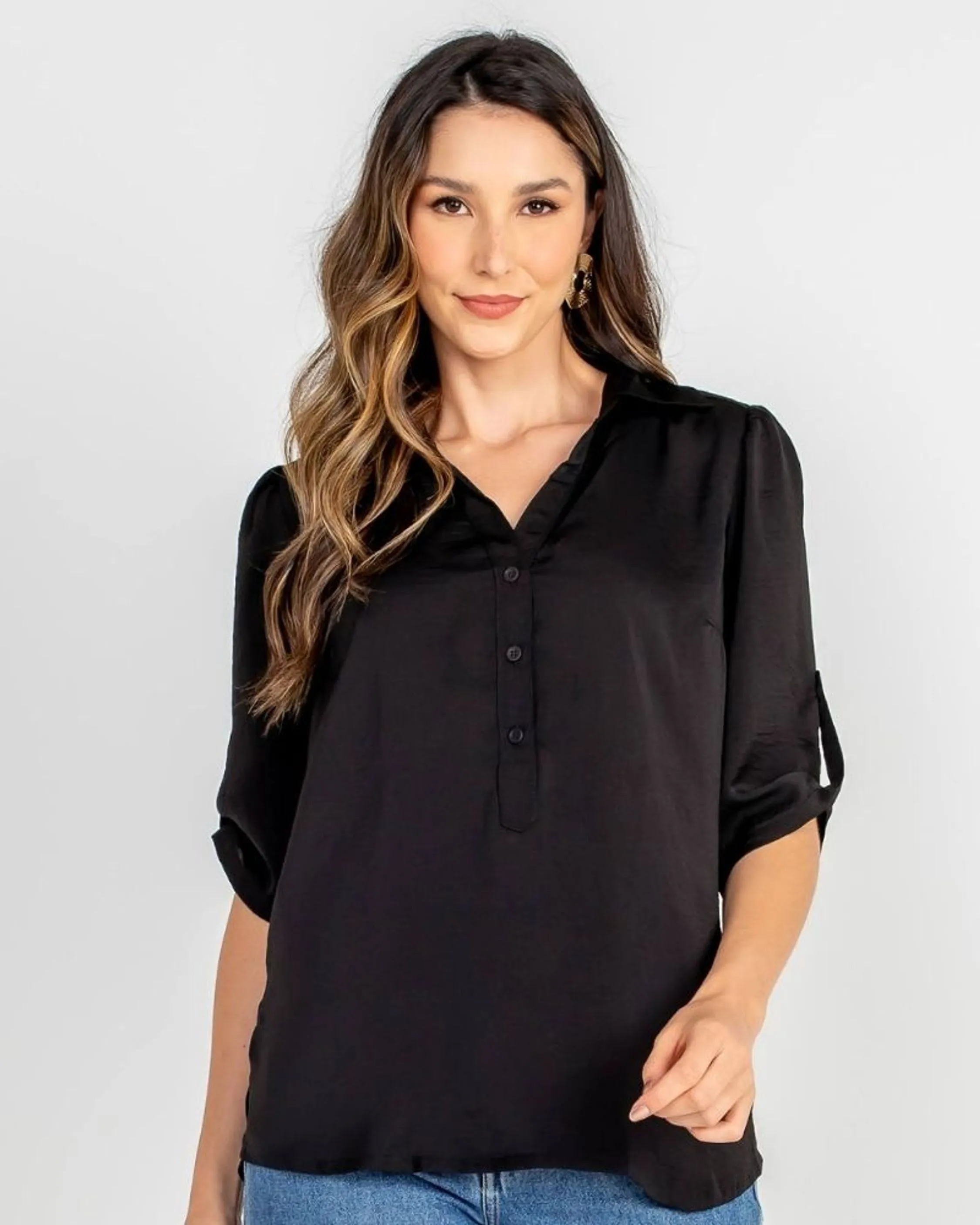 CAMISA ACETINADA MANGA 7/8 PRETO