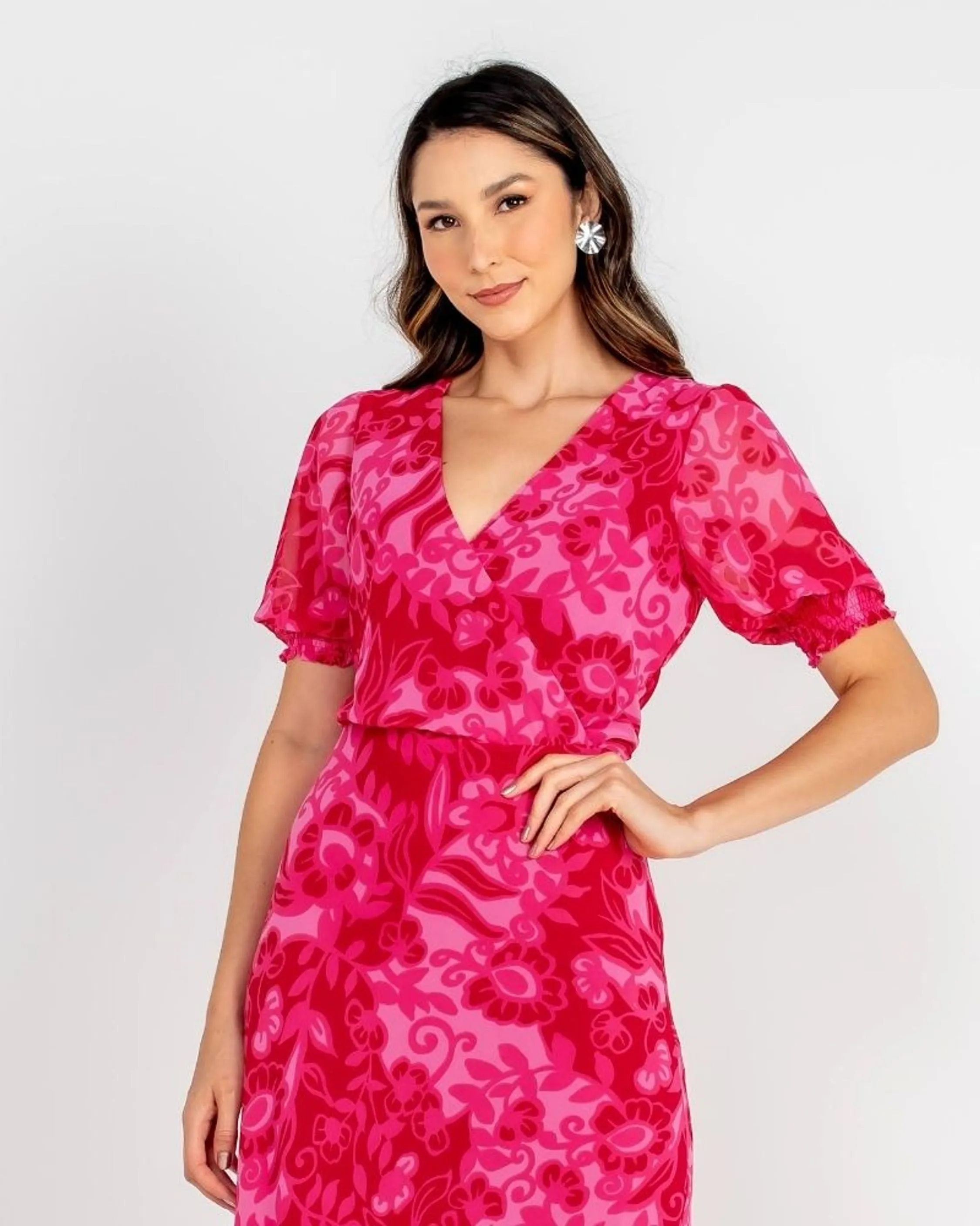 VESTIDO LONGO DE CHIFFON BUSTO TRANSPASSADO PINK