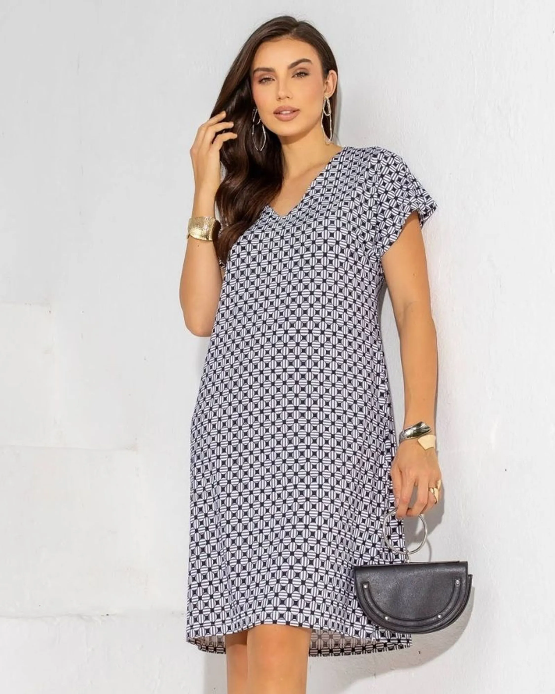 VESTIDO MIDI DE MALHA ESTAMPADA DECOTE V STA CONSTANCIA