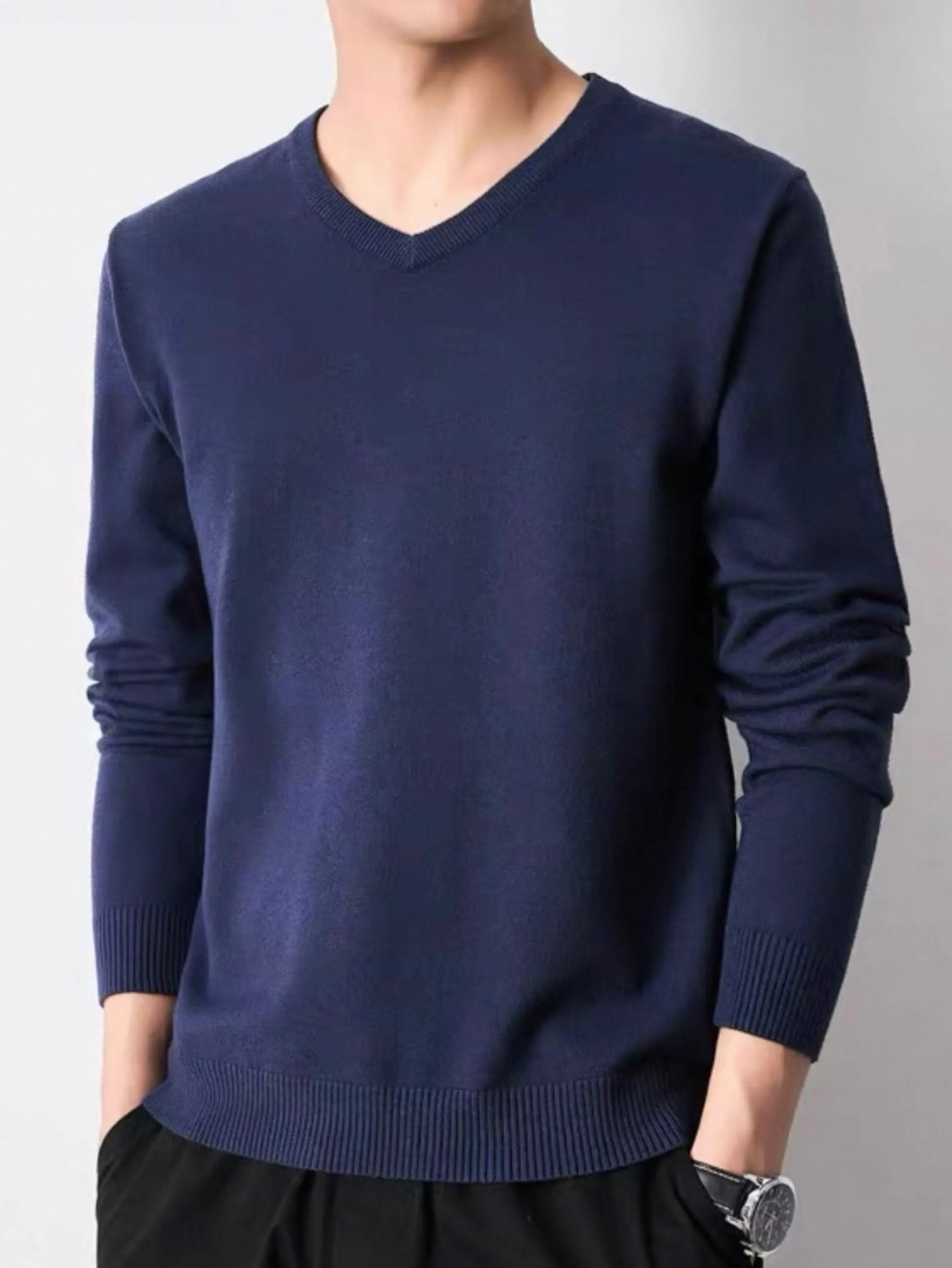 YJX MODAS Inverno Suéter Masculino  Importado Tricot de Frio Gola V Manga Longa Cor Sólida