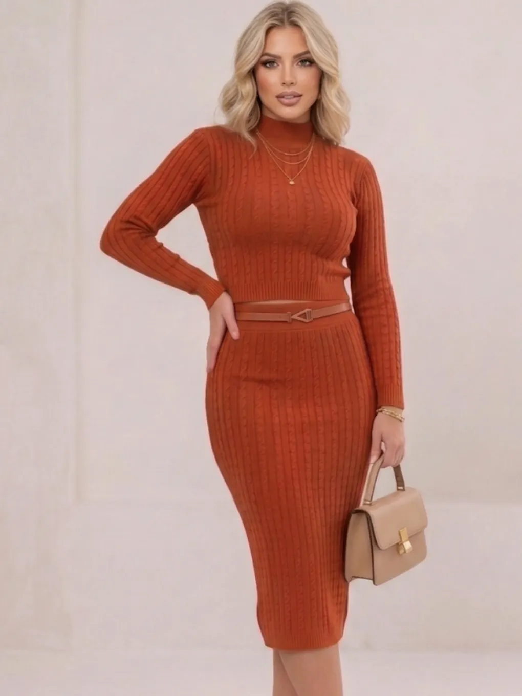 Conjunto saia Midi trança tricô modal.