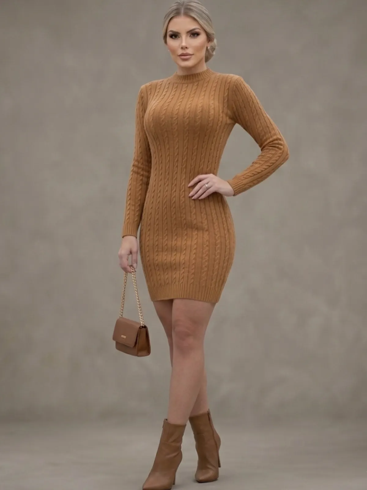 Vestido trança manga longa tricô modal.