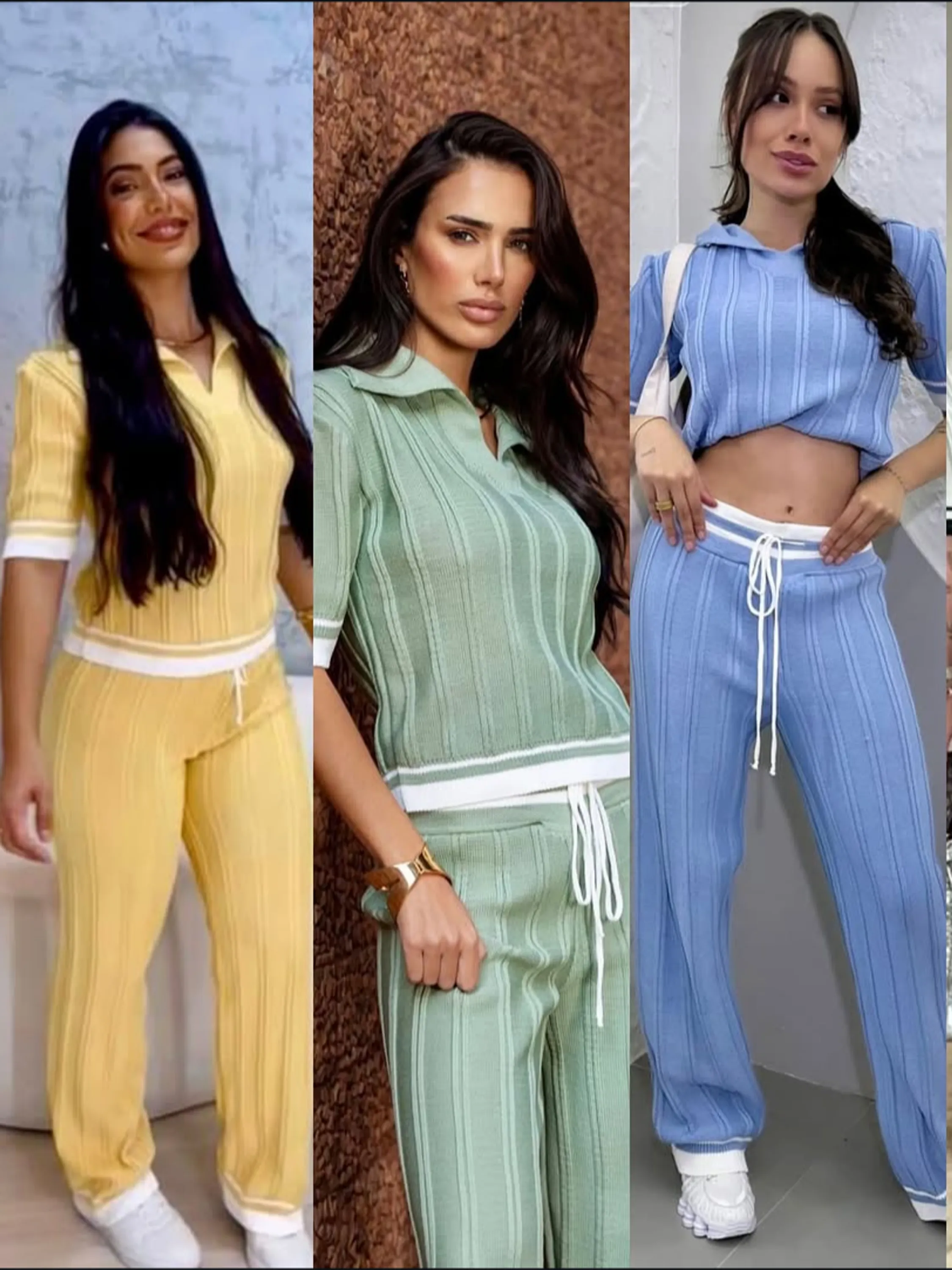 Conjunto de calça barra listrada tricô modal.