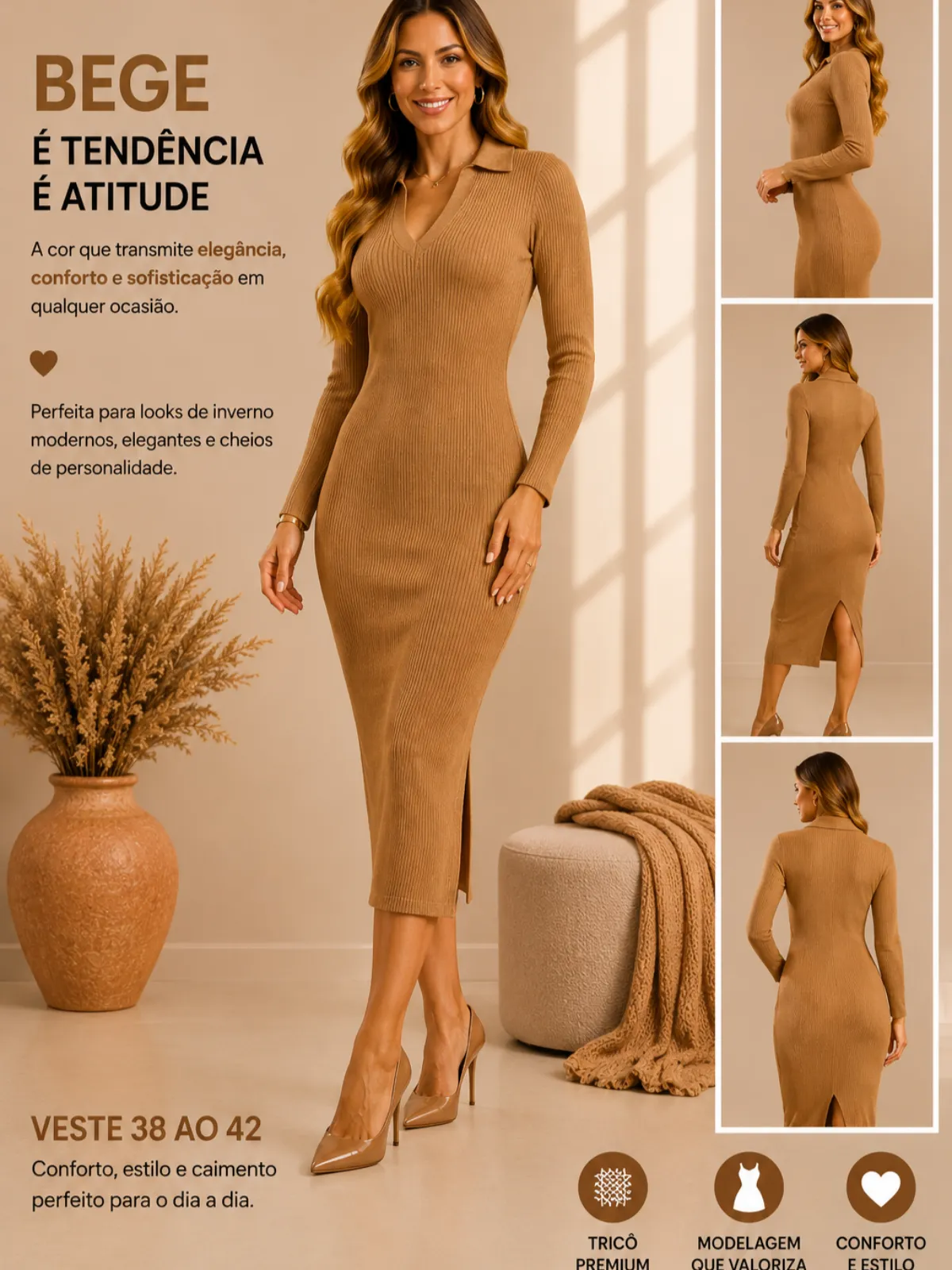 Vestido MIDI gola tricô modal.