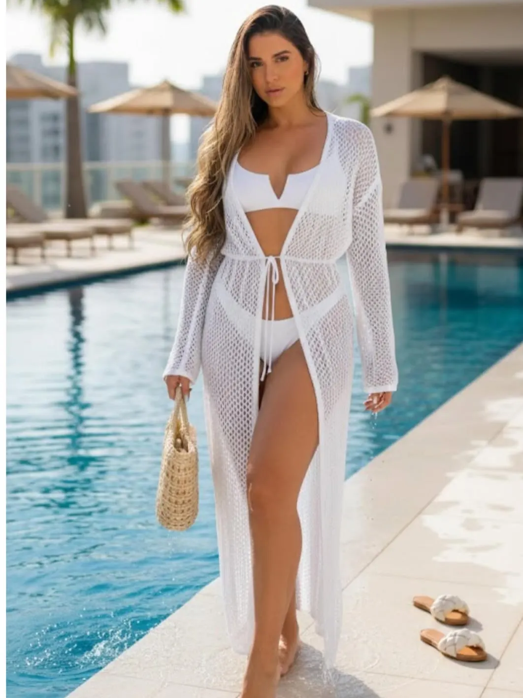 Saída de Praia longa, manga longa tricô.