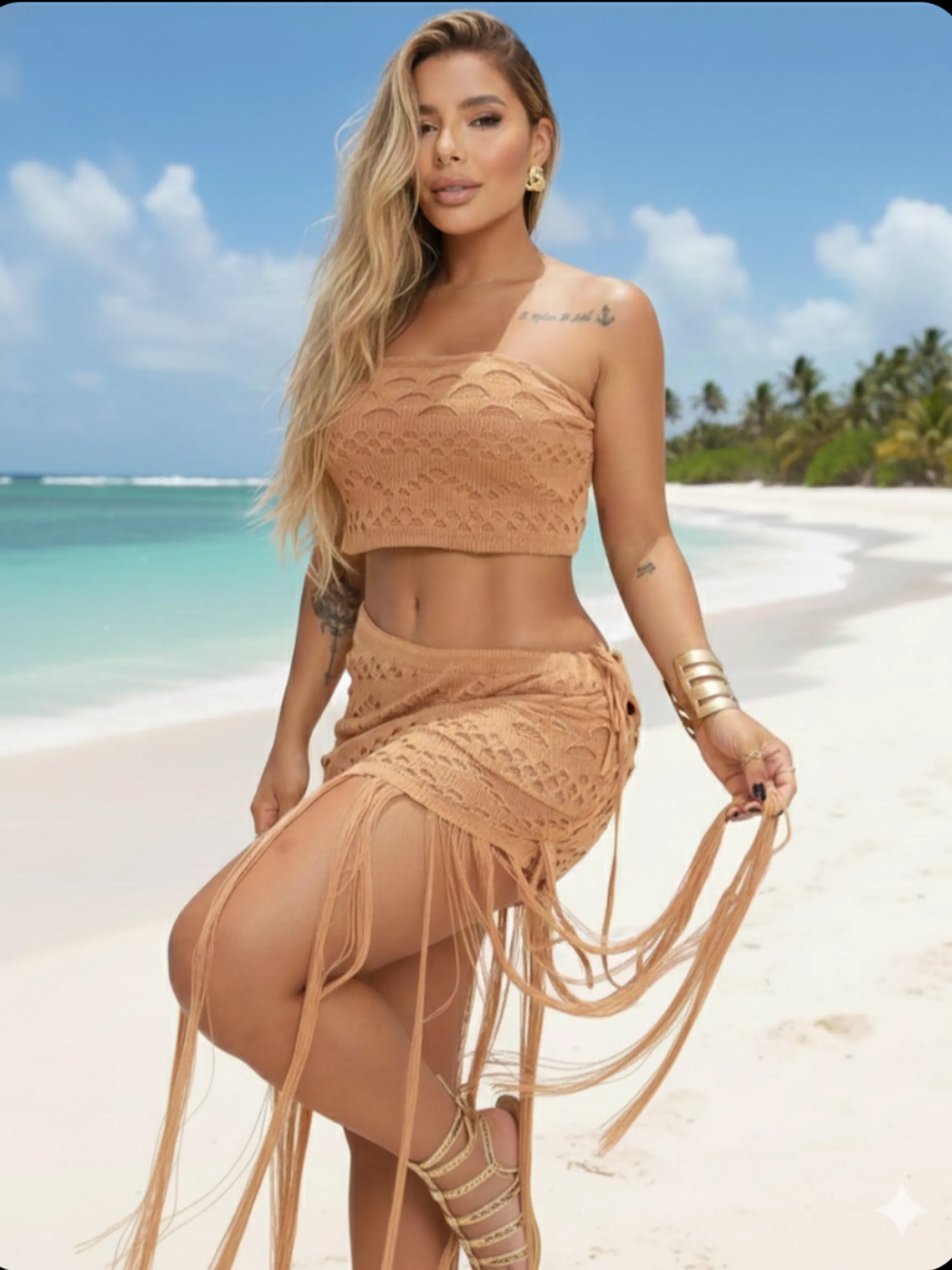 Conjunto saia franja de praia tricô.