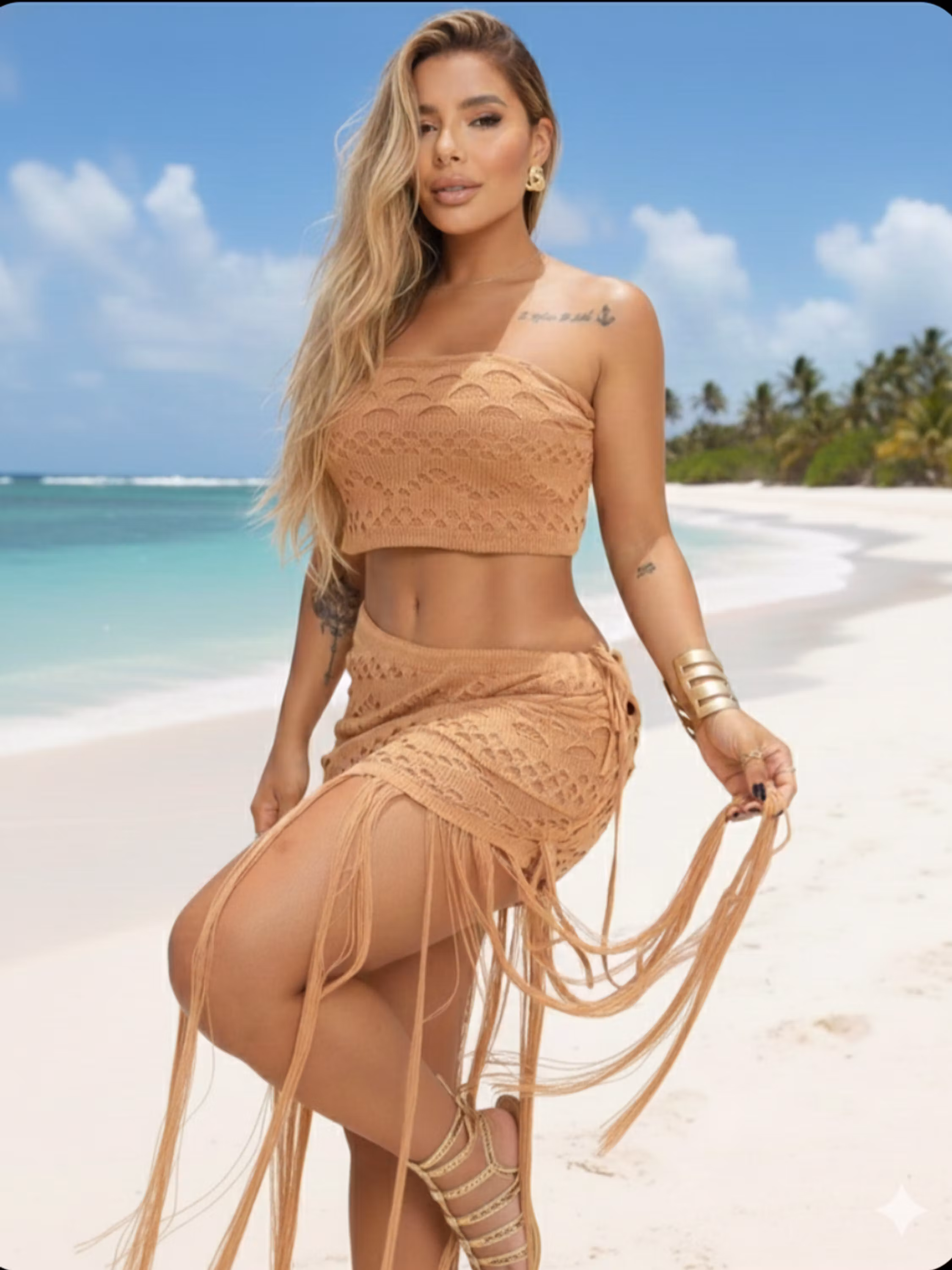 Conjunto saia franja de praia tricô.