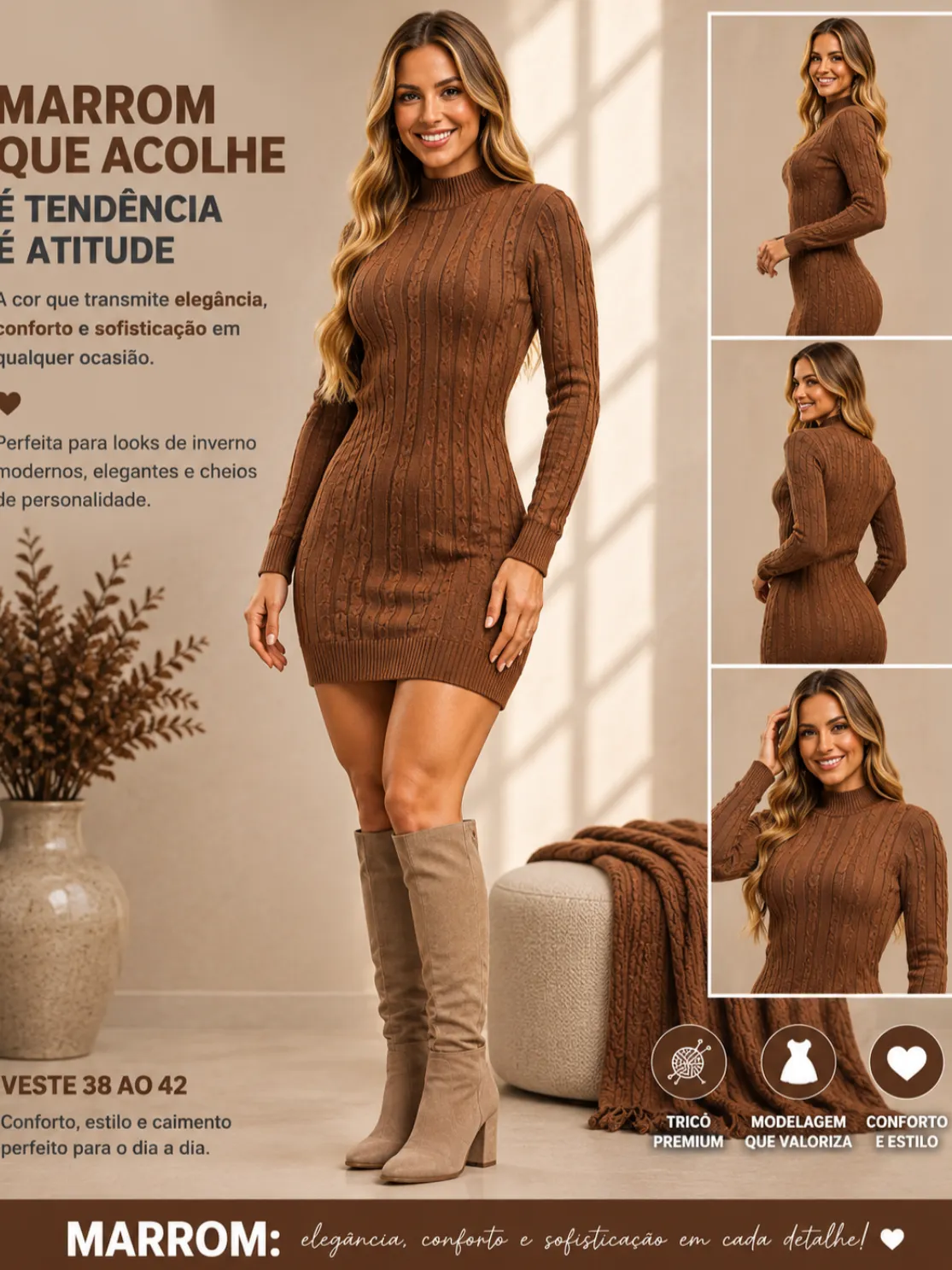 Vestido trança manga longa tricô modal.
