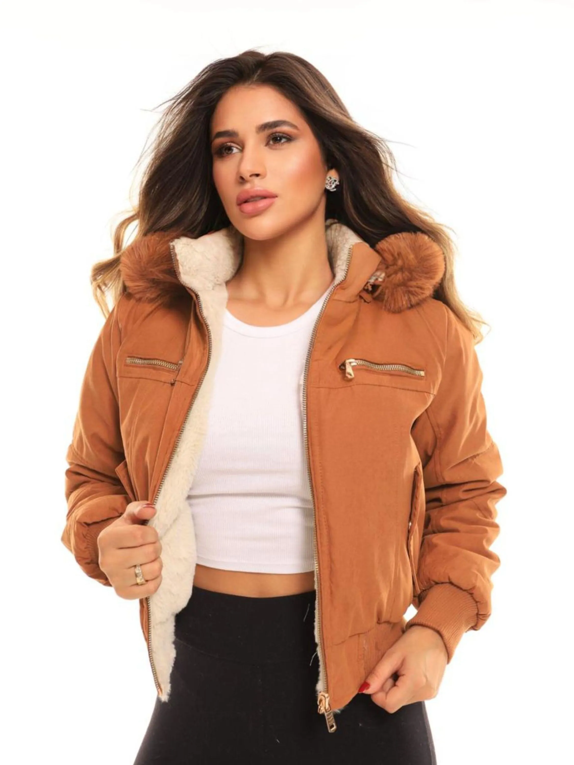 Jaqueta de Frio Estilosa de Sarja Feminina Dupla Face com Capuz Moda de Inverno - MR2418