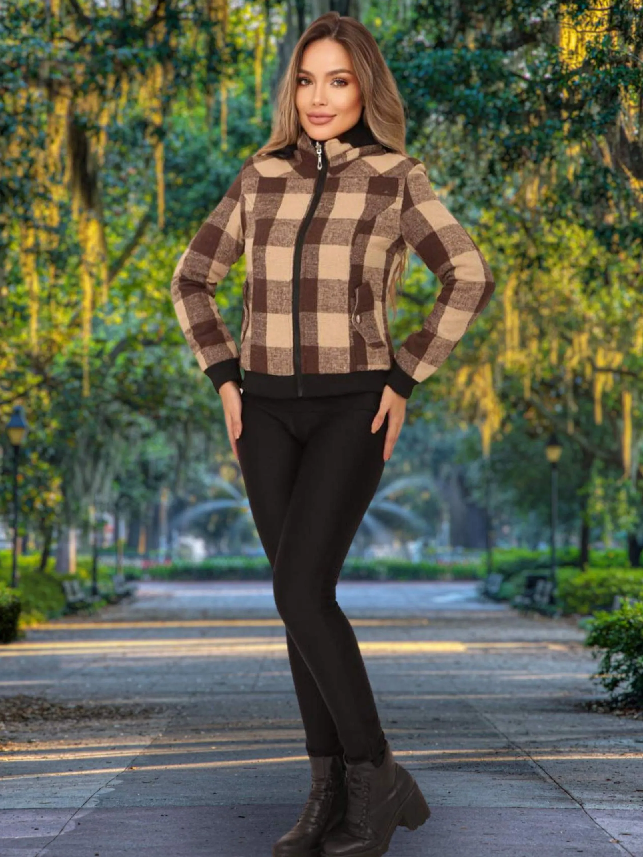 Jaqueta Xadrez Feminina Dupla Face com Capuz Moda Elegante Moderna de Inverno 2024 - AL-01