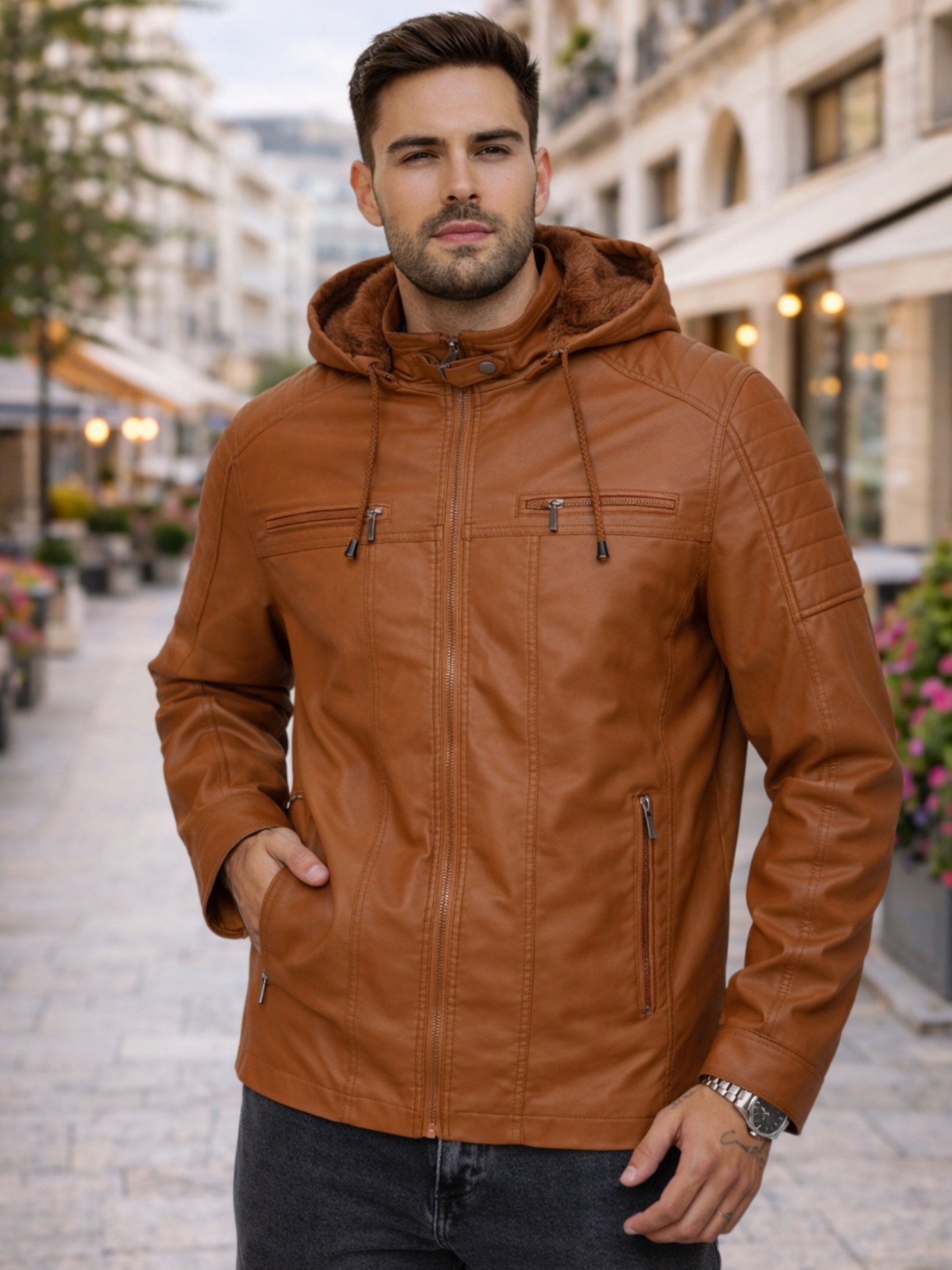 Jaqueta de couro forrada com toca masculina