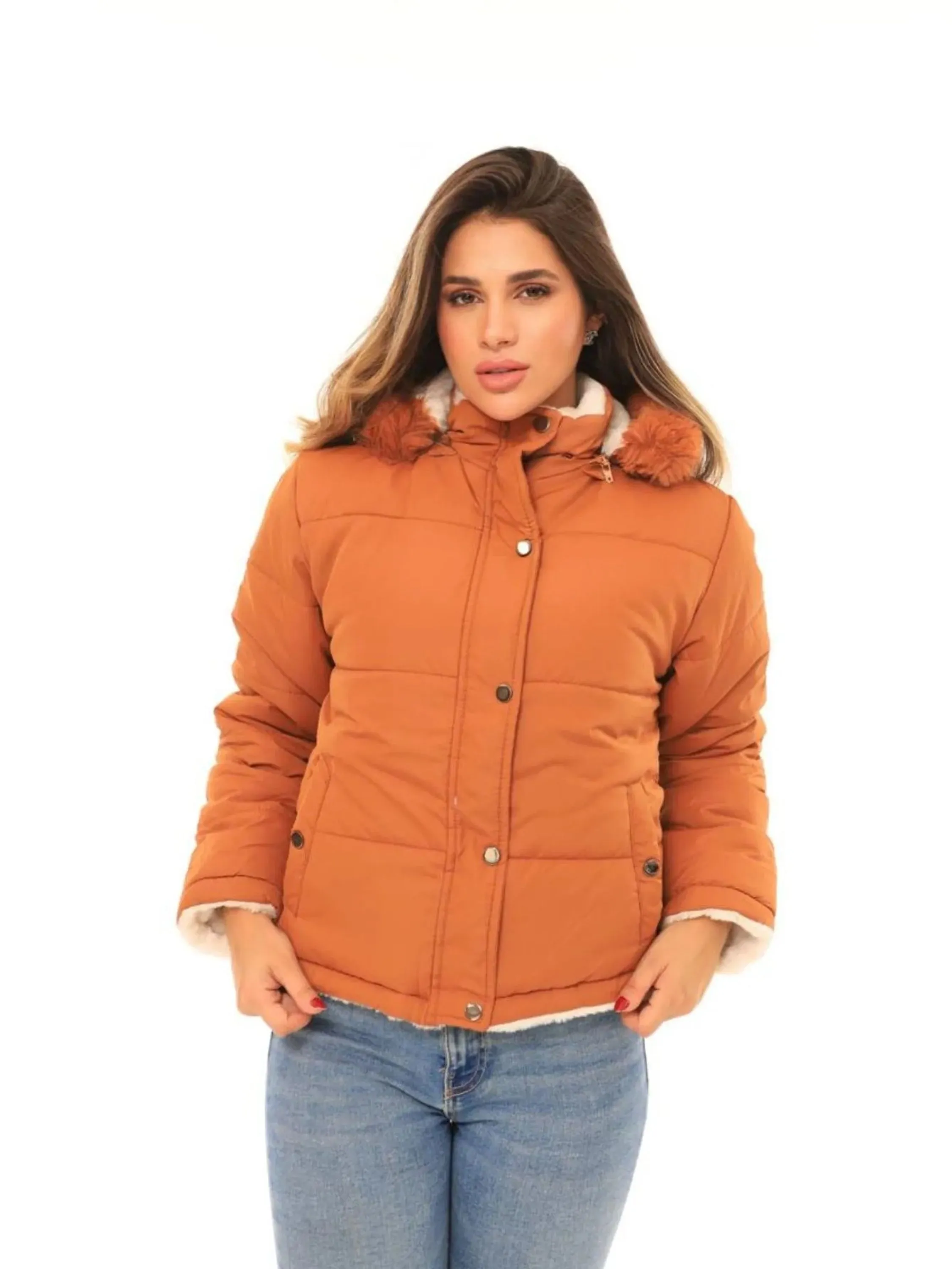 Jaqueta de Frio feminina Dupla Face de Nylon e Aveludada Elegante com Capuz Tendência de Inverno - MR2413