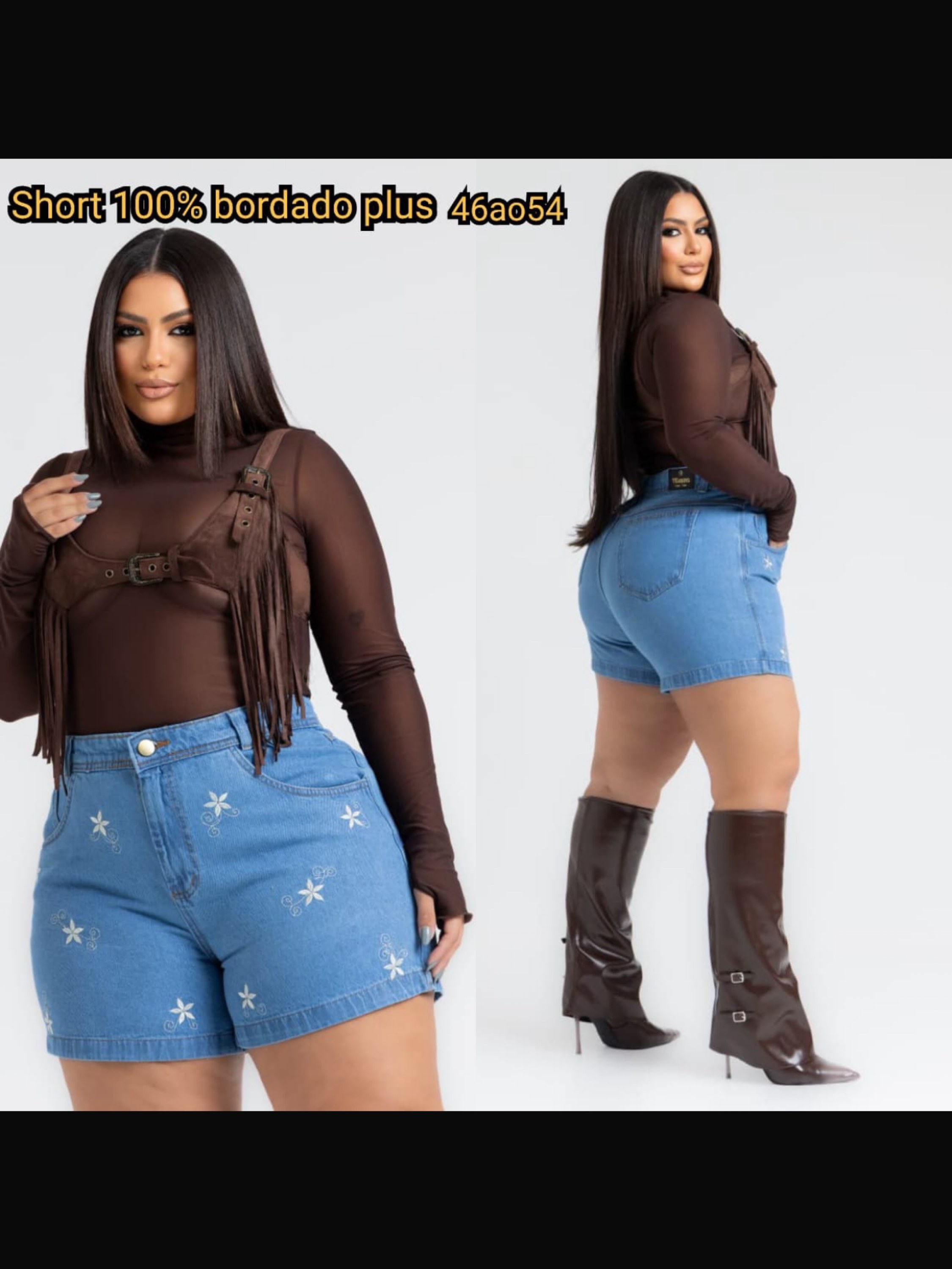 Short 100% Bordado Flor Plus Size