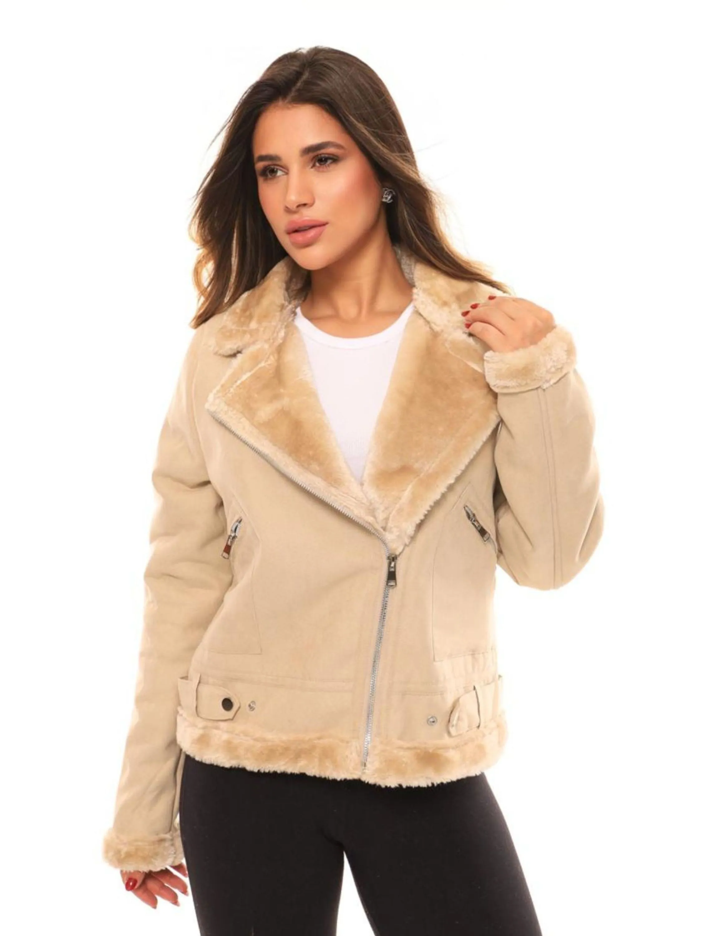 Jaqueta Feminina de Chamois forrada Gola Lapela Zip UP Moda de Inverno - AL552