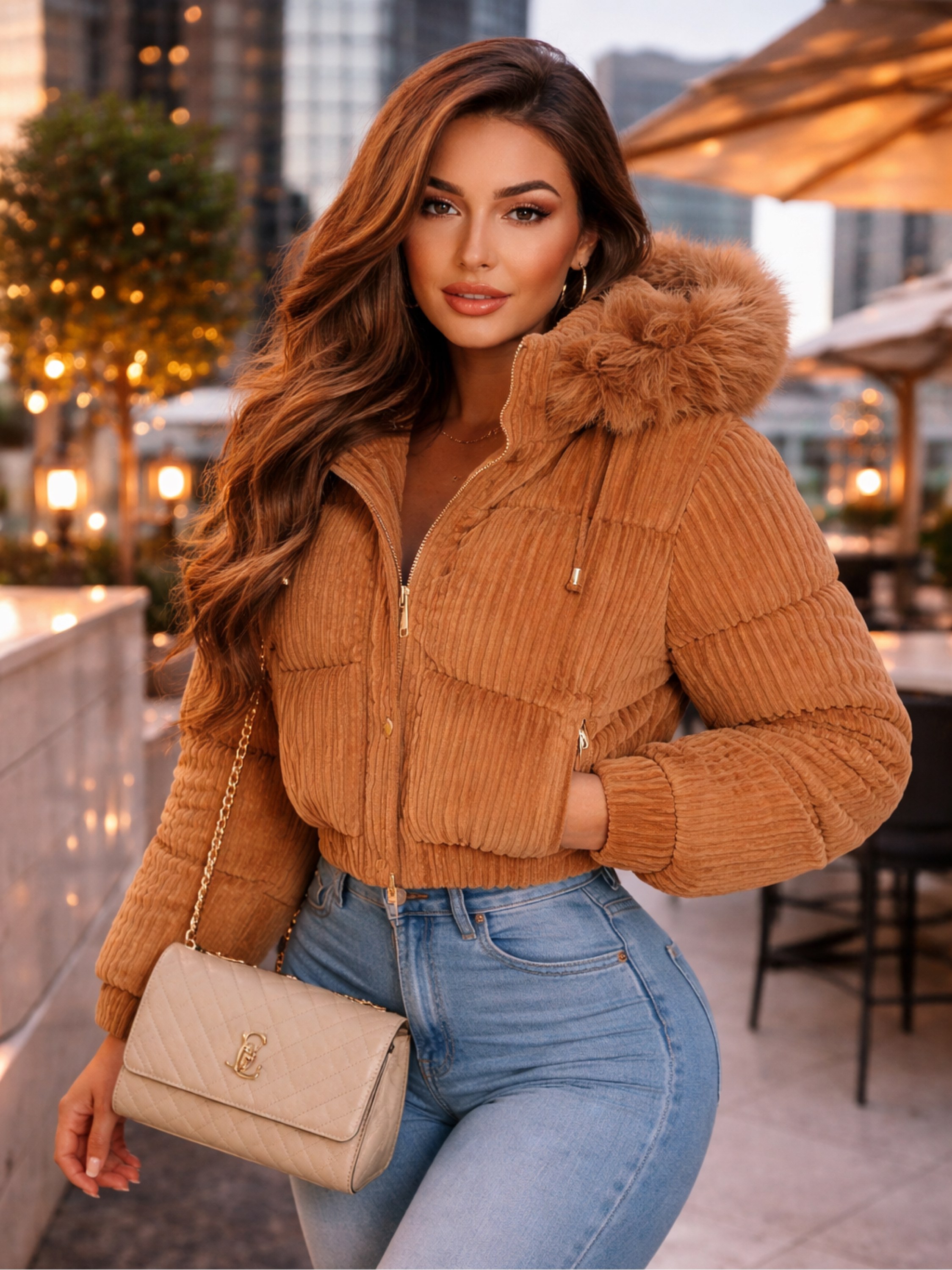 Jaqueta puffer cotelê forrada feminina