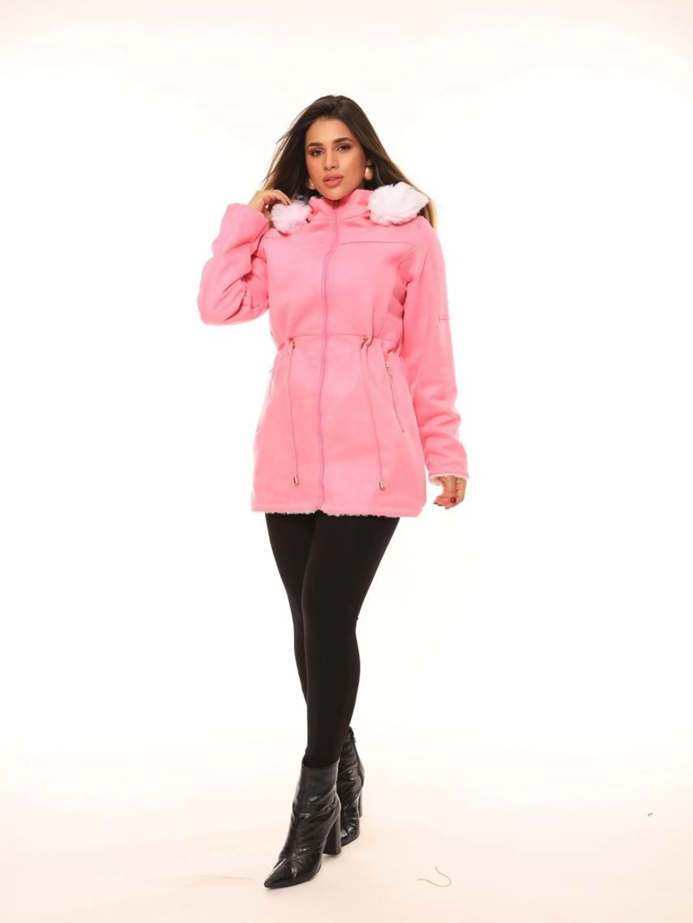 B NParka feminina Dupla face com capuz touca de pelinho moda inverno Rosa 685