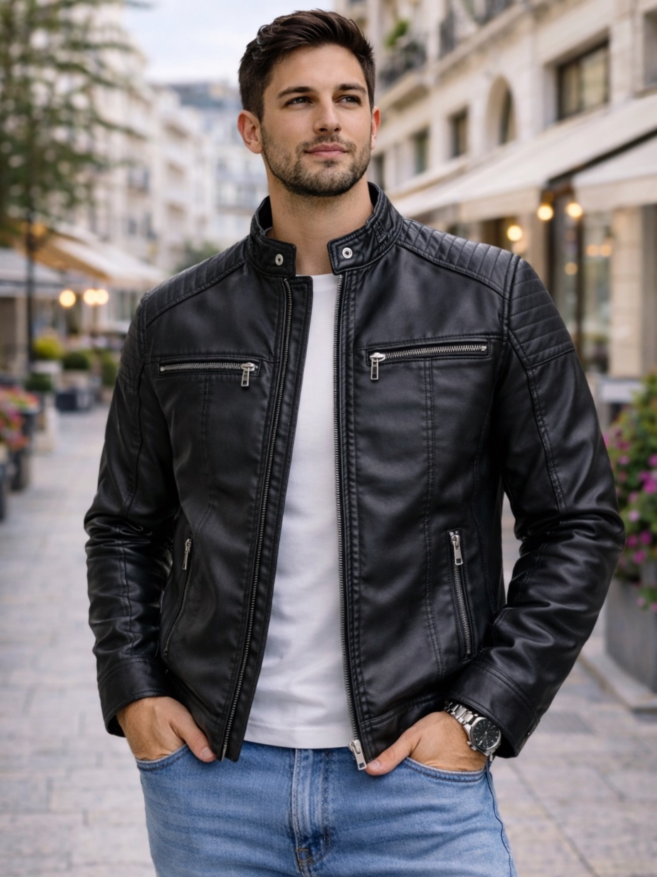 Jaqueta de couro forrada masculina