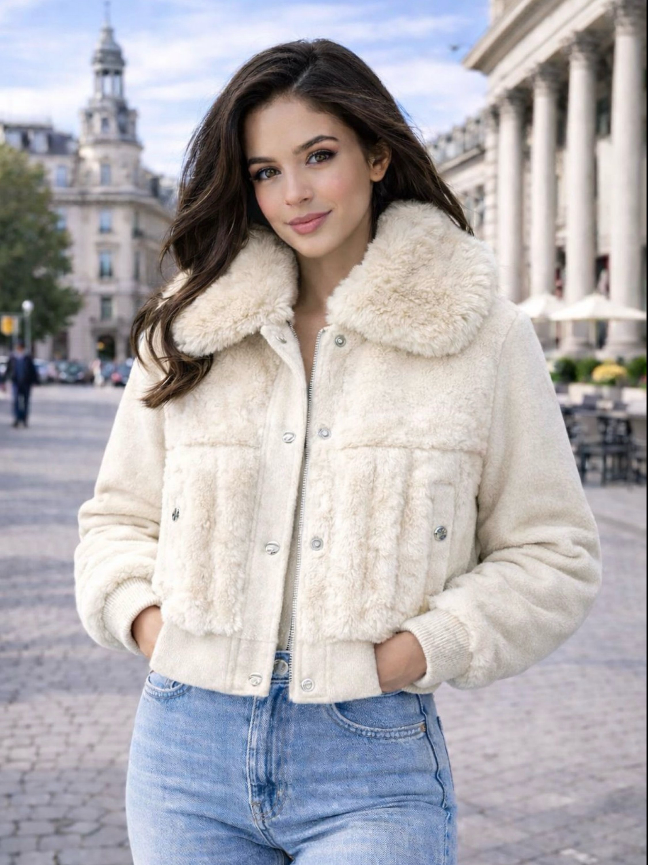 Jaqueta puffer de pelo forrada feminina