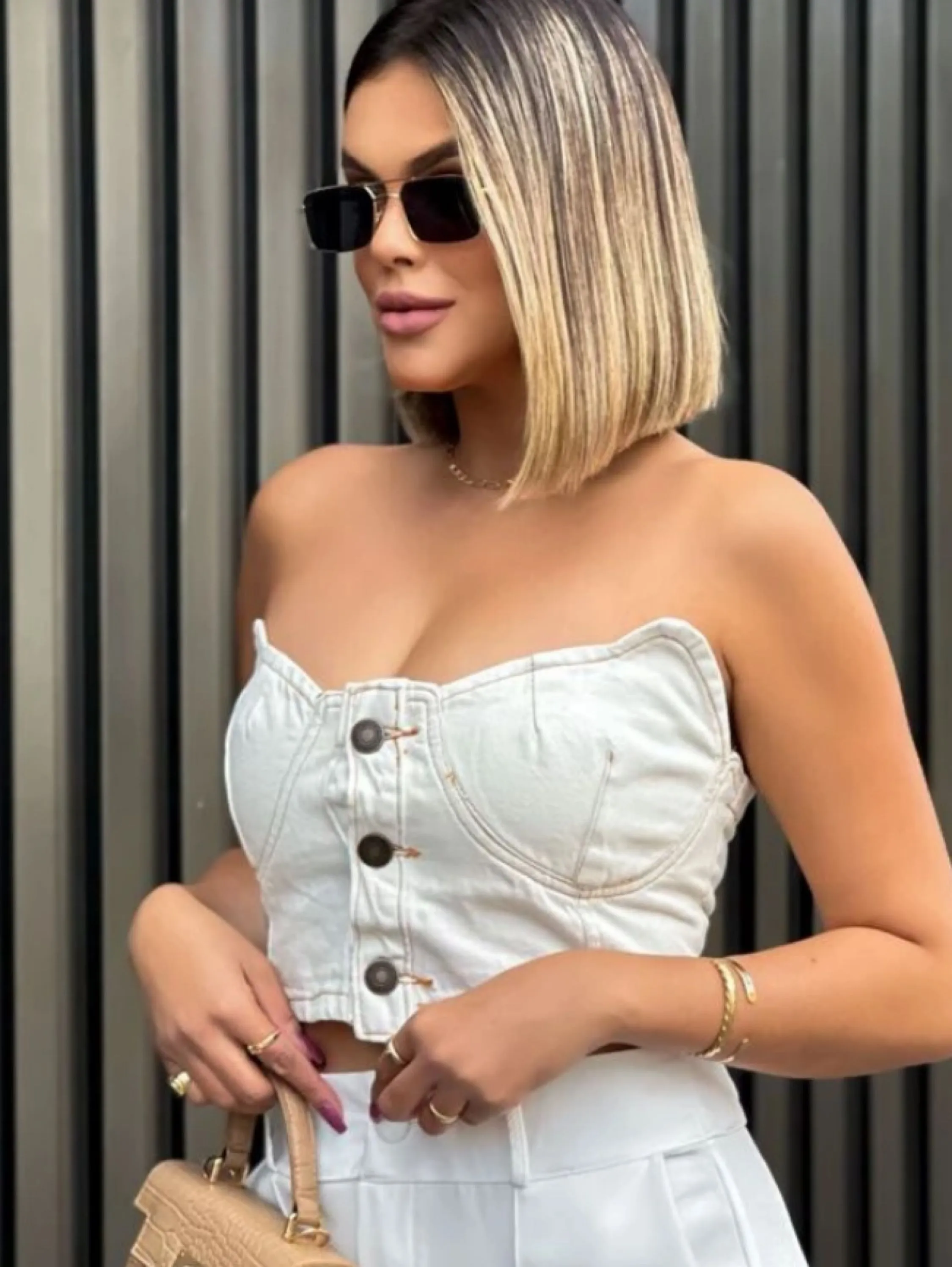 Cropped Corselet jeans com botões