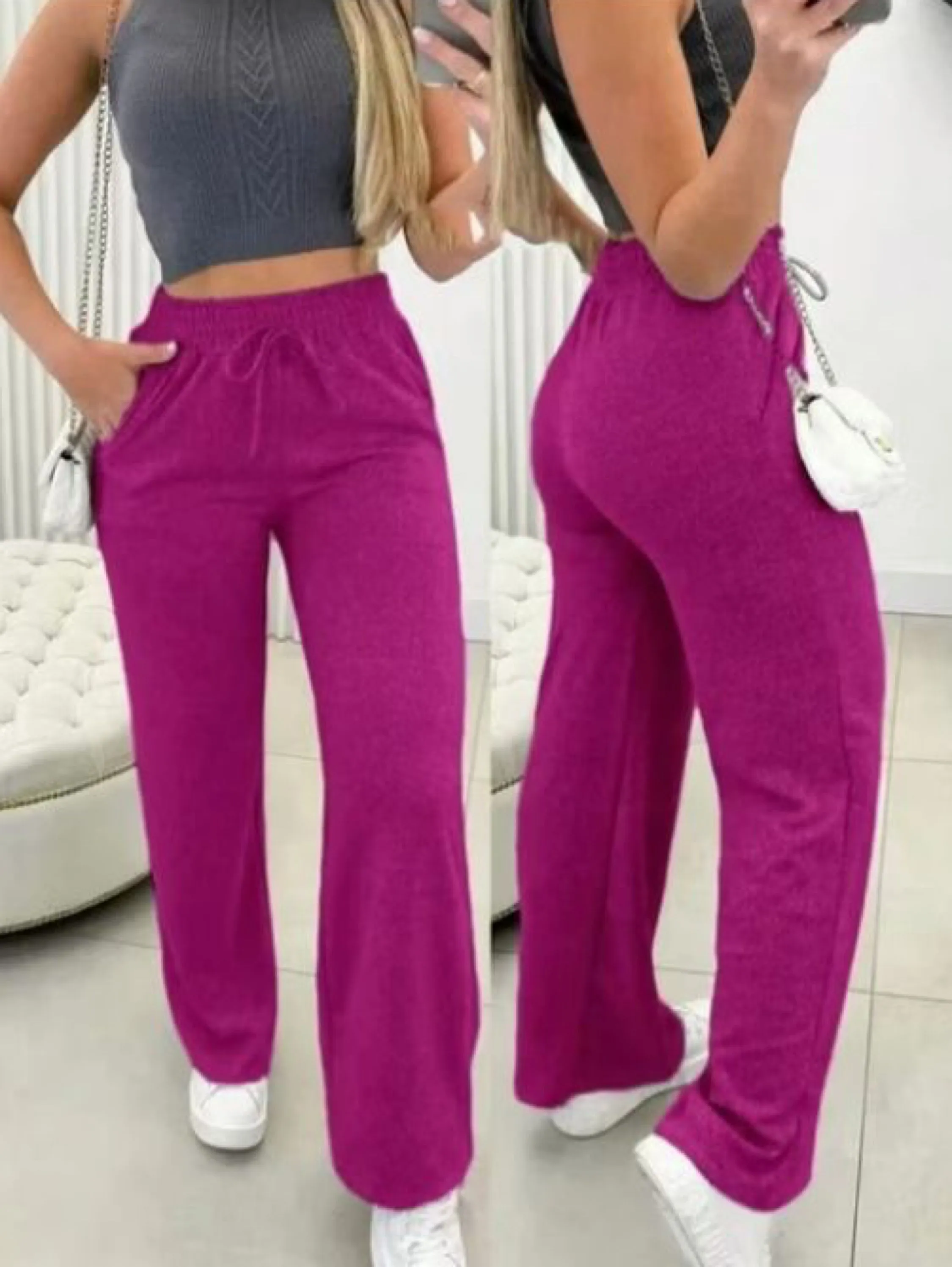 Calça pantalona com bolsos laterais