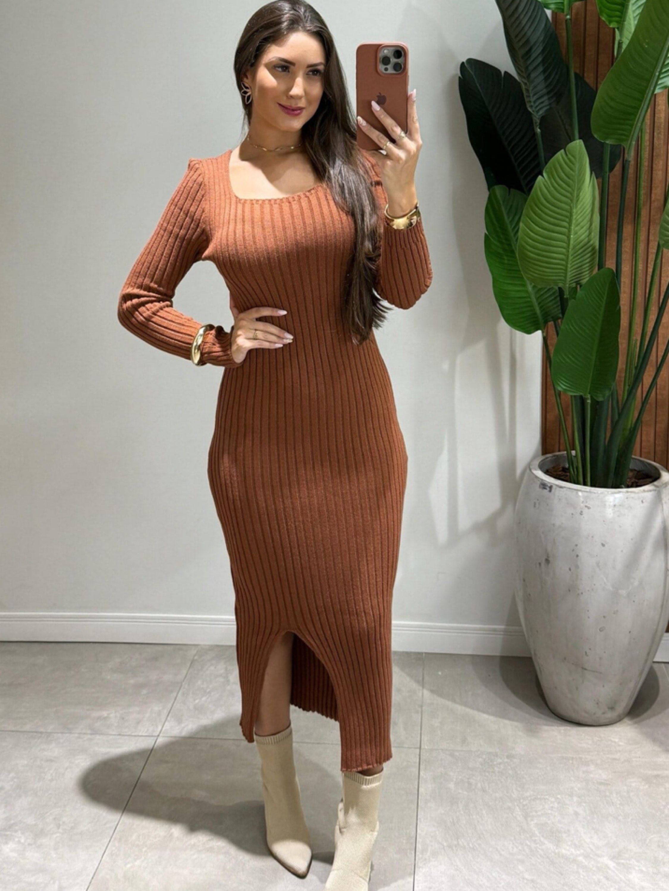 Vestido manga longa tricot modal