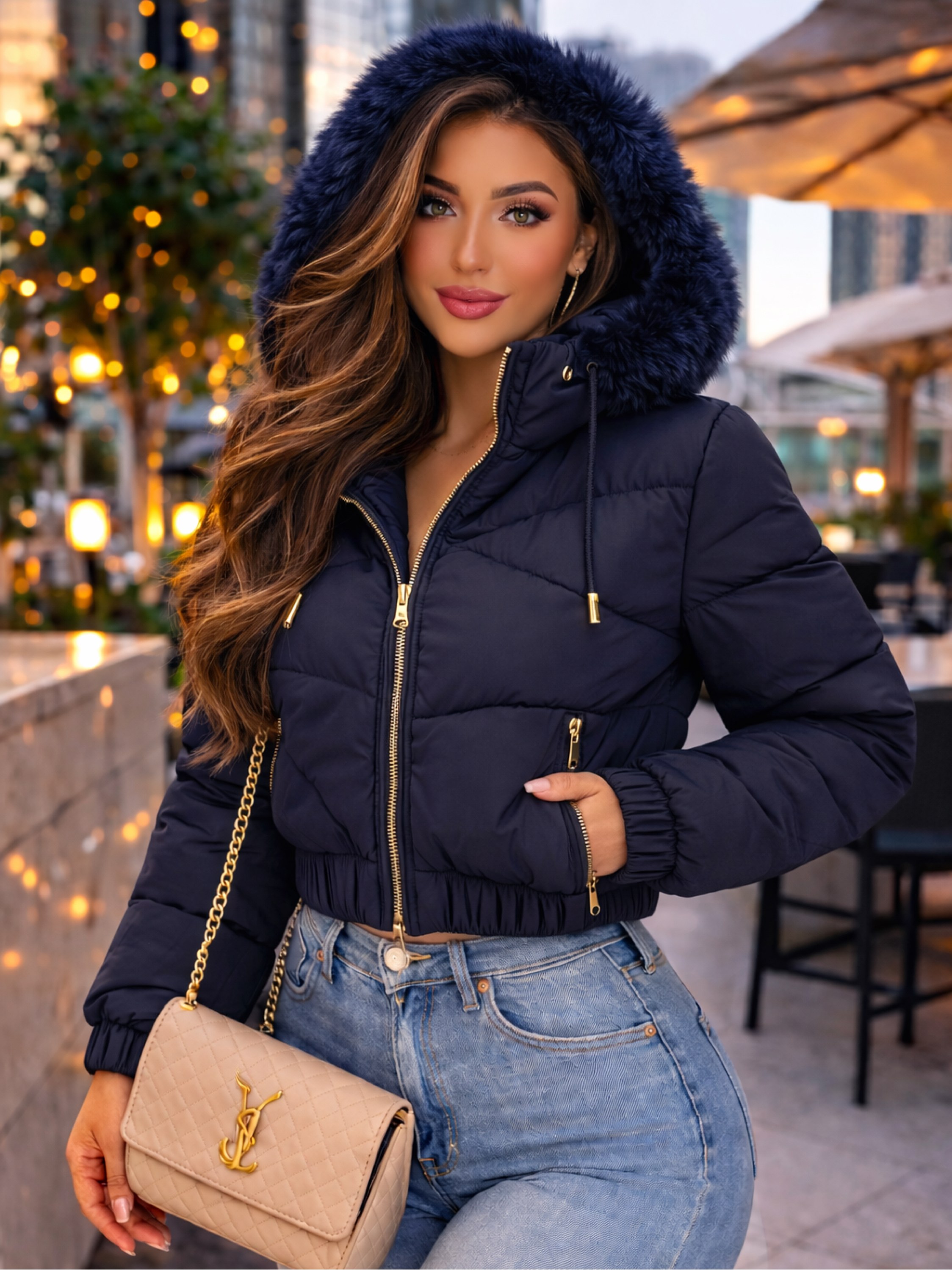 Jaqueta puffer nylon forrada feminina