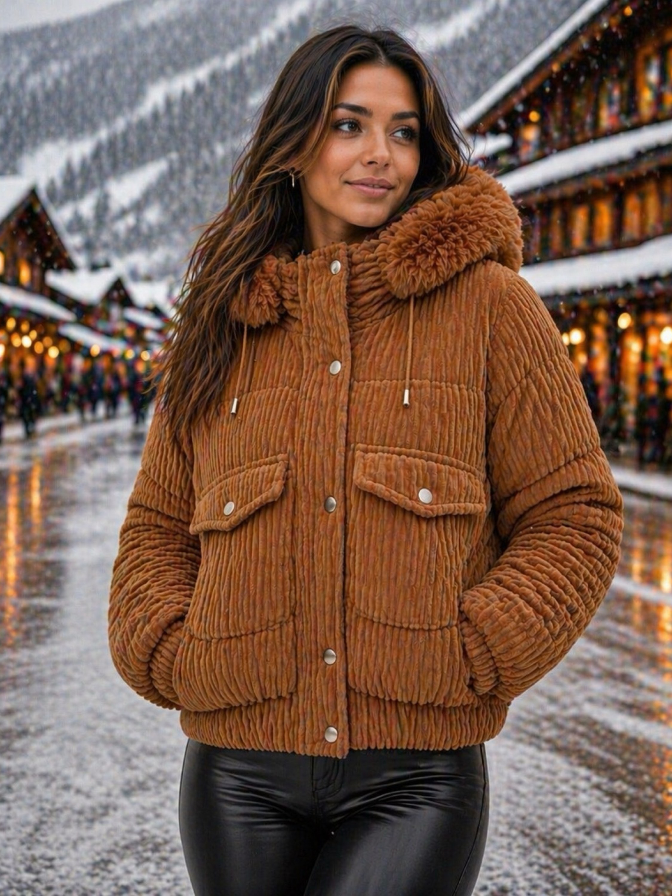 Jaqueta puffer cotelê forrada feminina