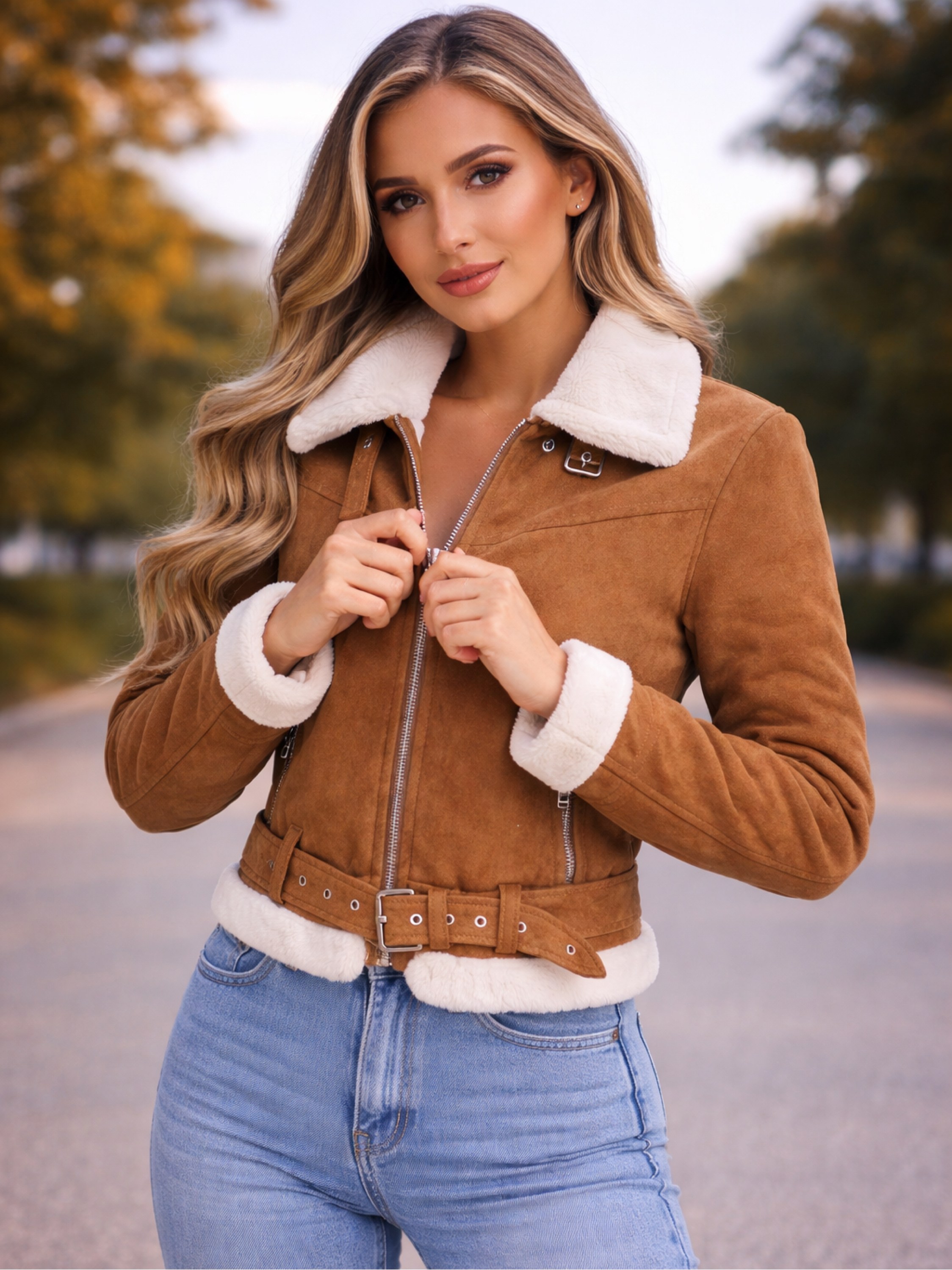 Jaqueta suede com pelo na gola com sinto feminino