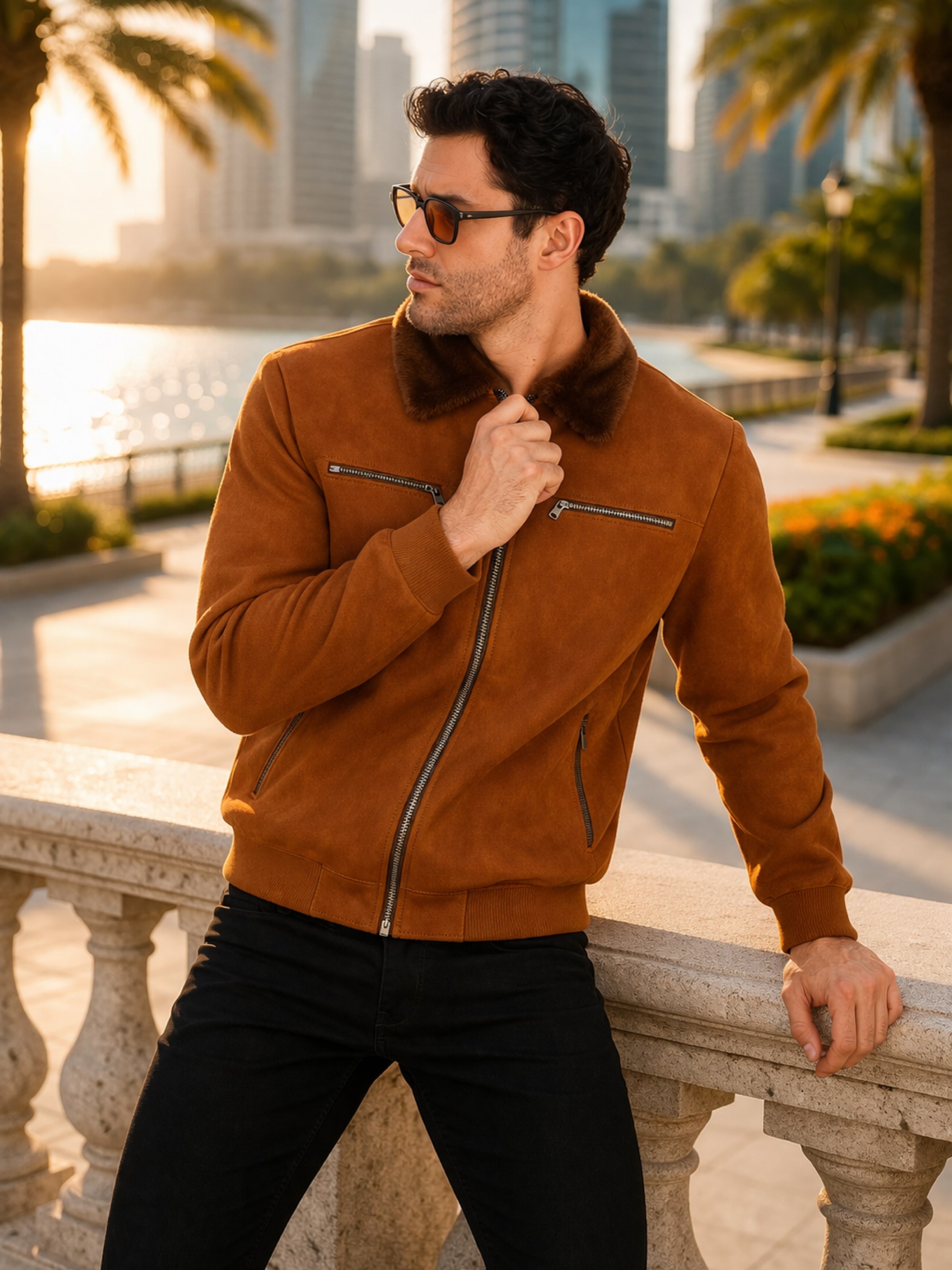 Jaqueta suede forrada com pelo na gola masculina