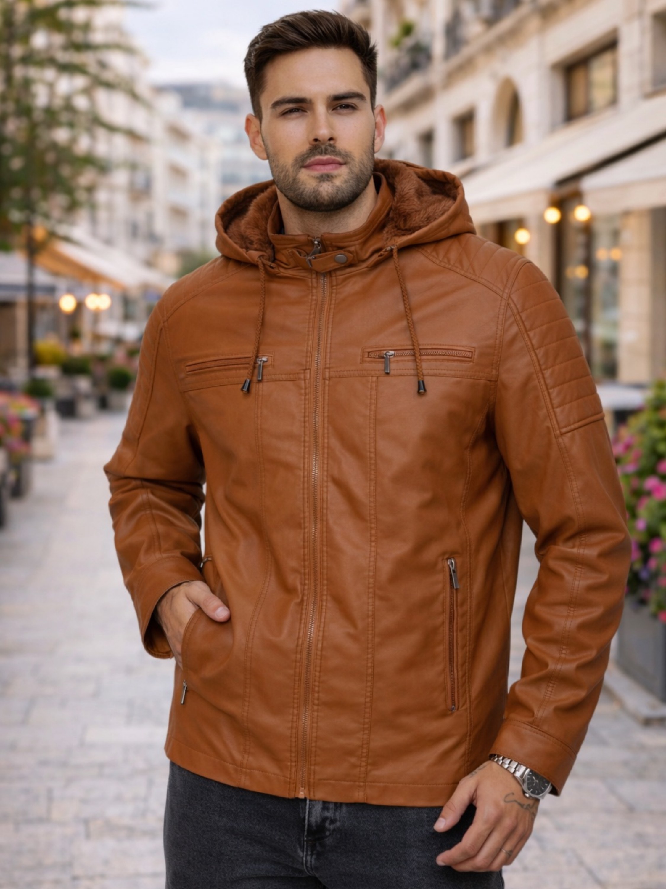 Jaqueta de couro forrada com toca masculina