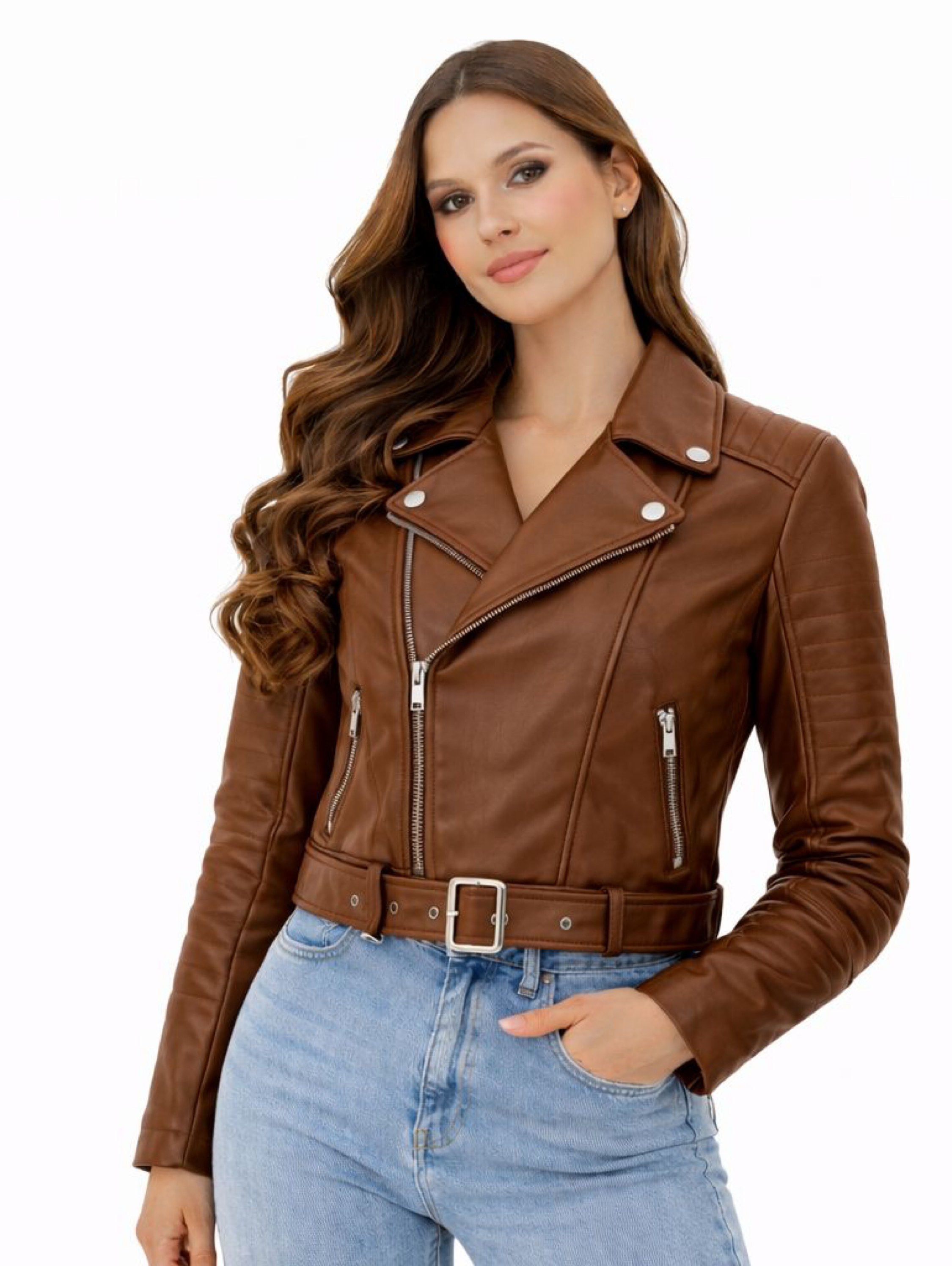 Jaqueta couro Feminina com cinto