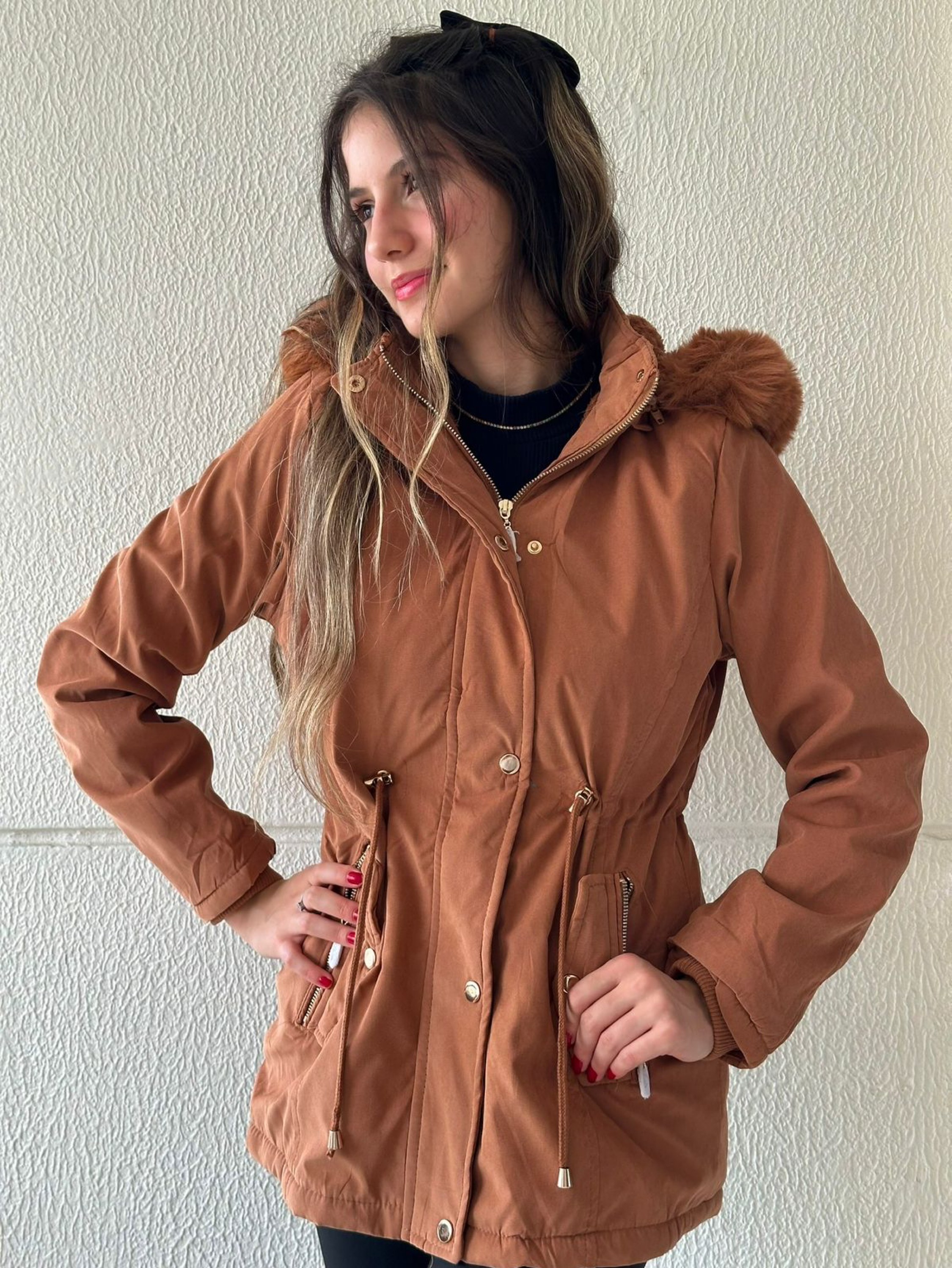 Parka Sarja feminina forrada com pelo capuz removível