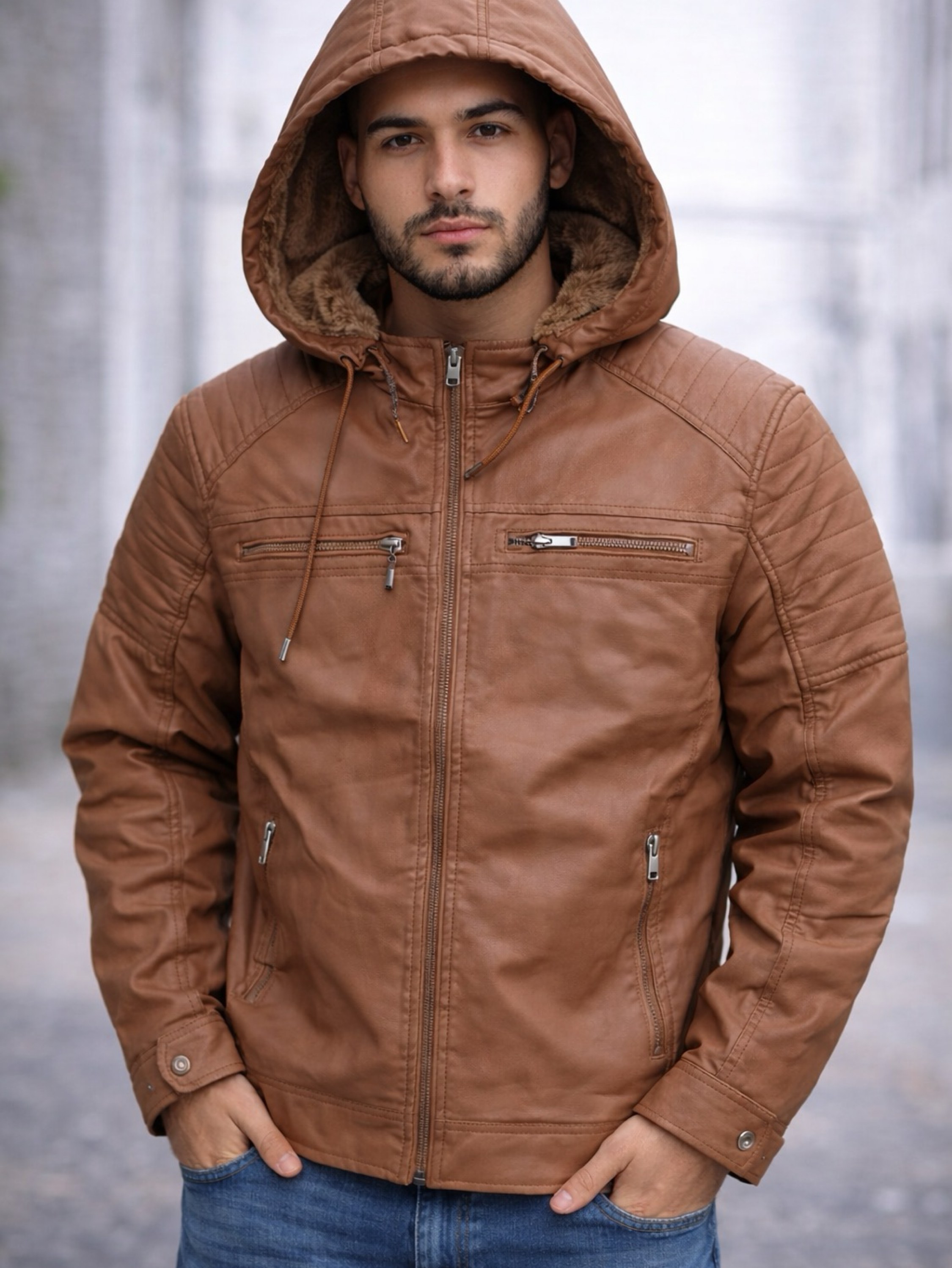 Jaqueta Masculina couro forrada com pelo capuz removível