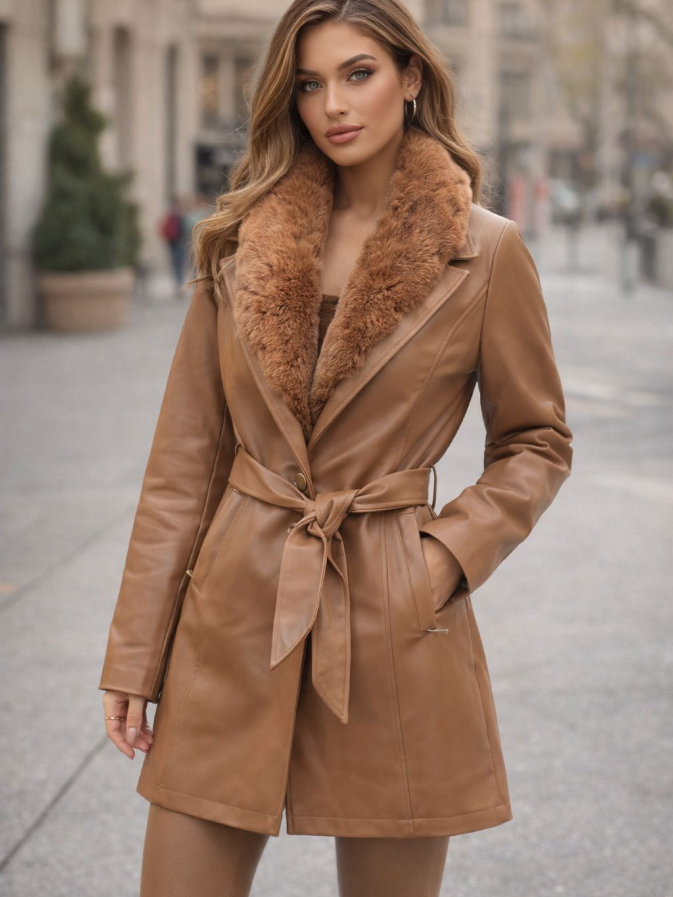 Sobretudo feminino couro PU cola removível Peluciada