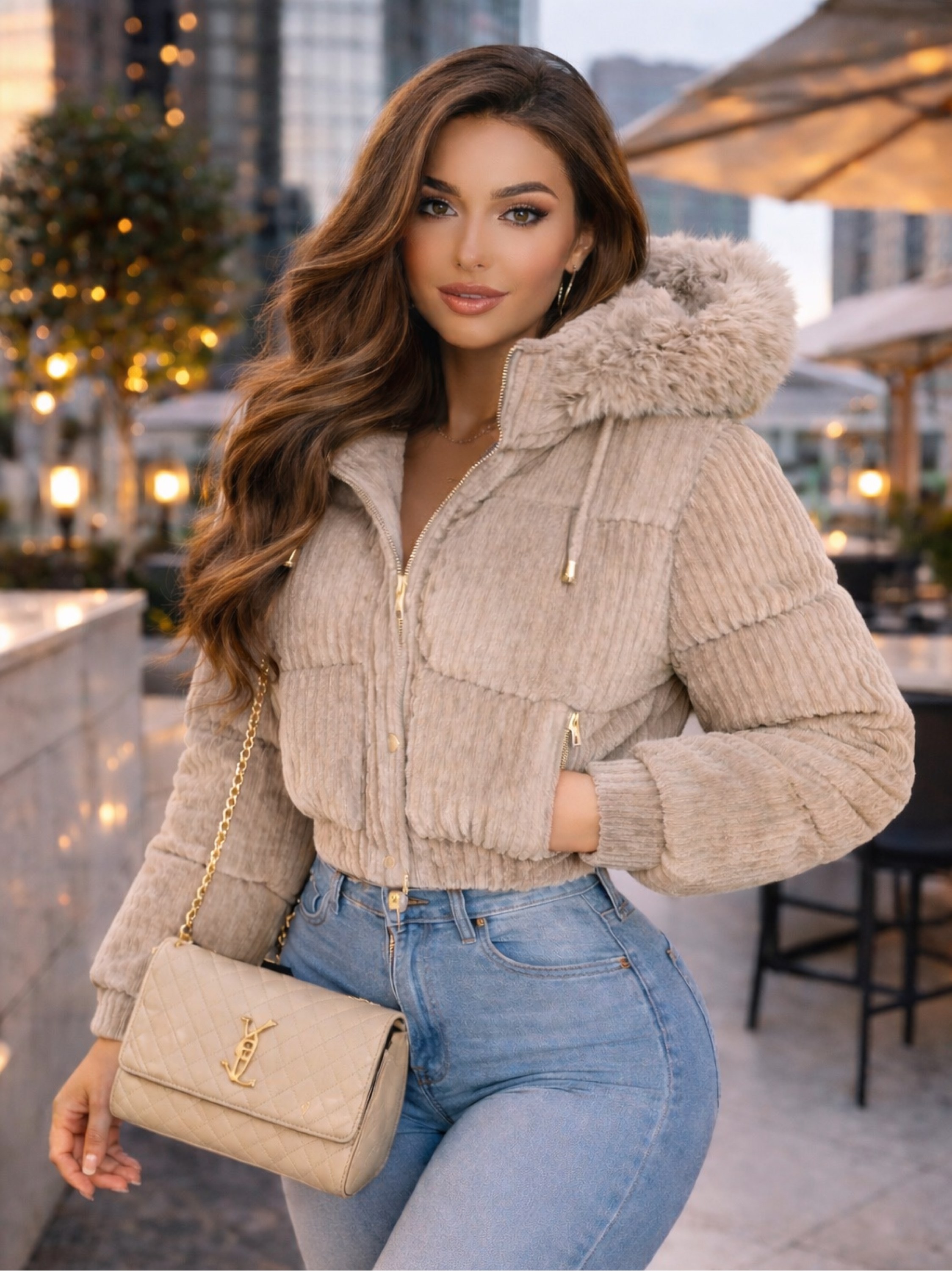 Jaqueta puffer cotelê forrada feminina