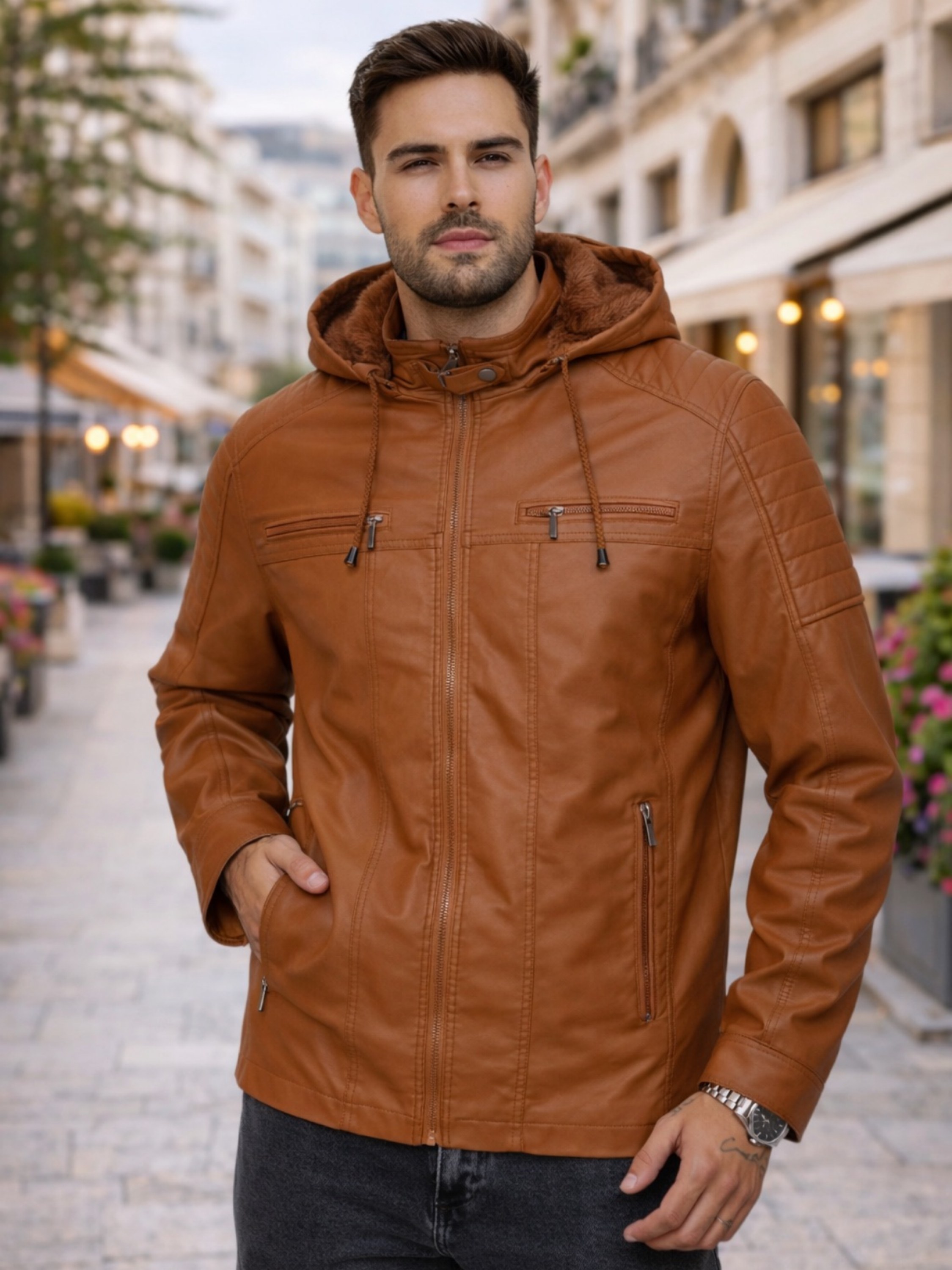 Jaqueta couro com toca masculino