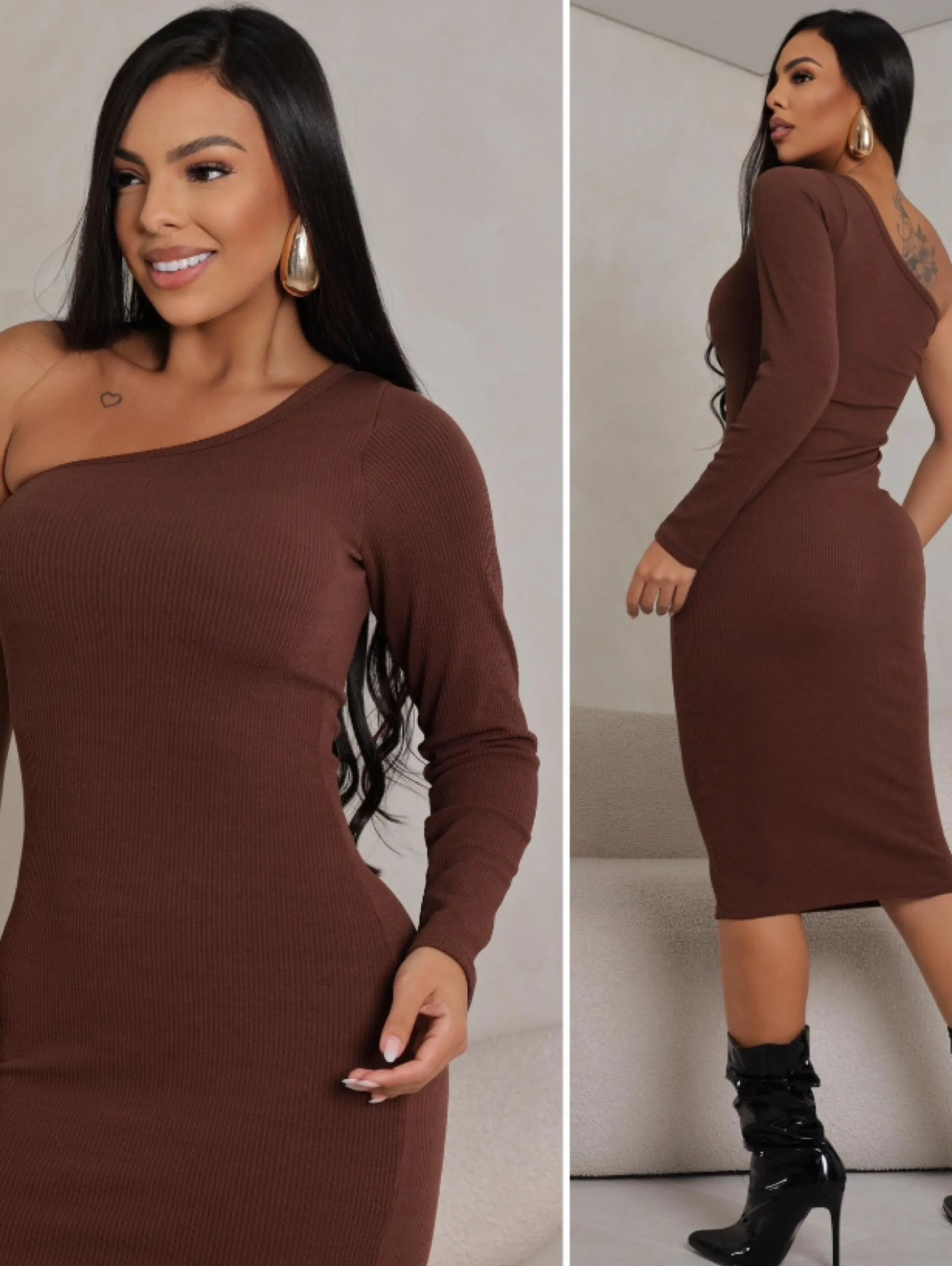 Vestido de um ombro manga longa