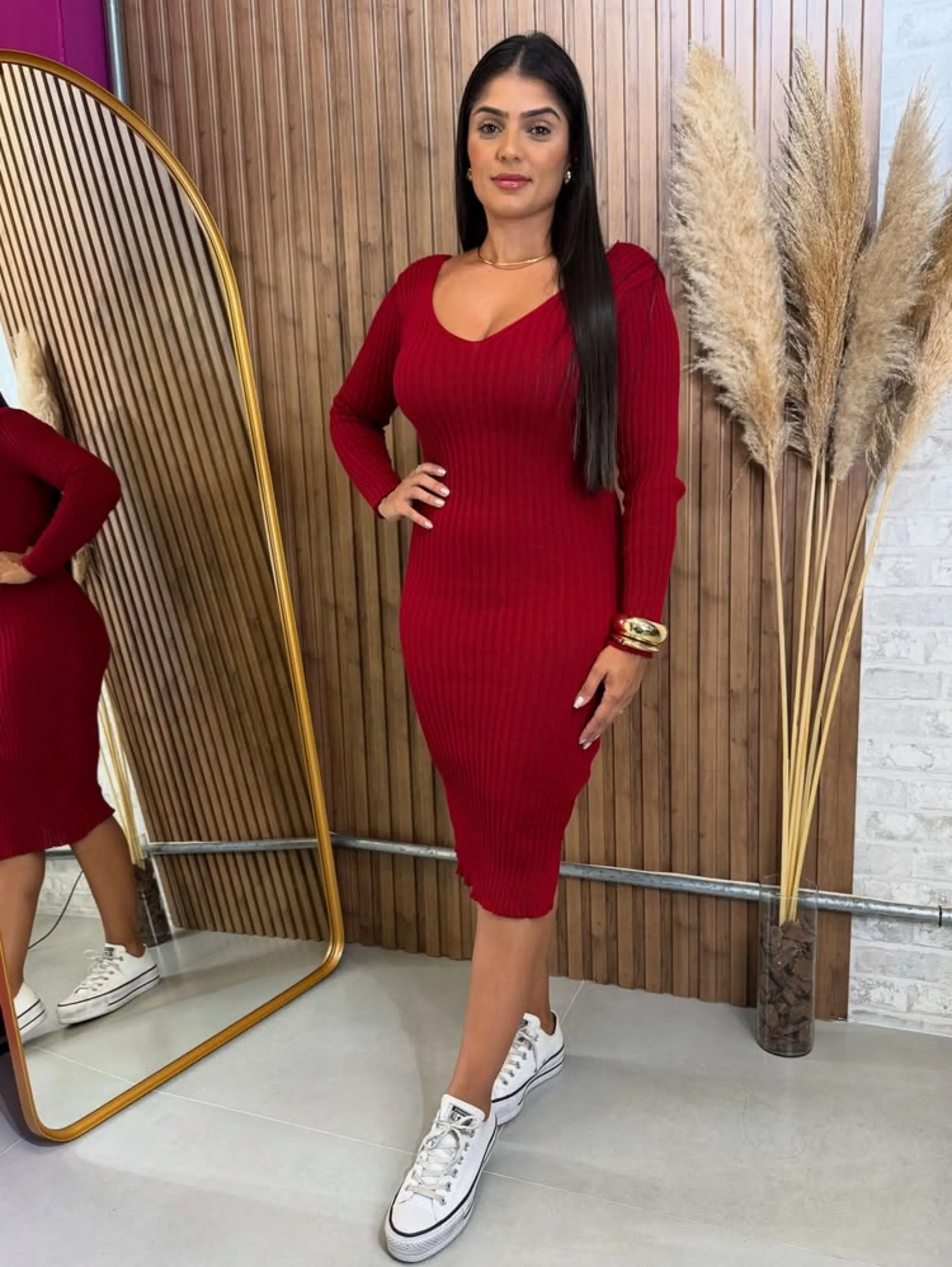 Vestido Tricô Midi decote em V