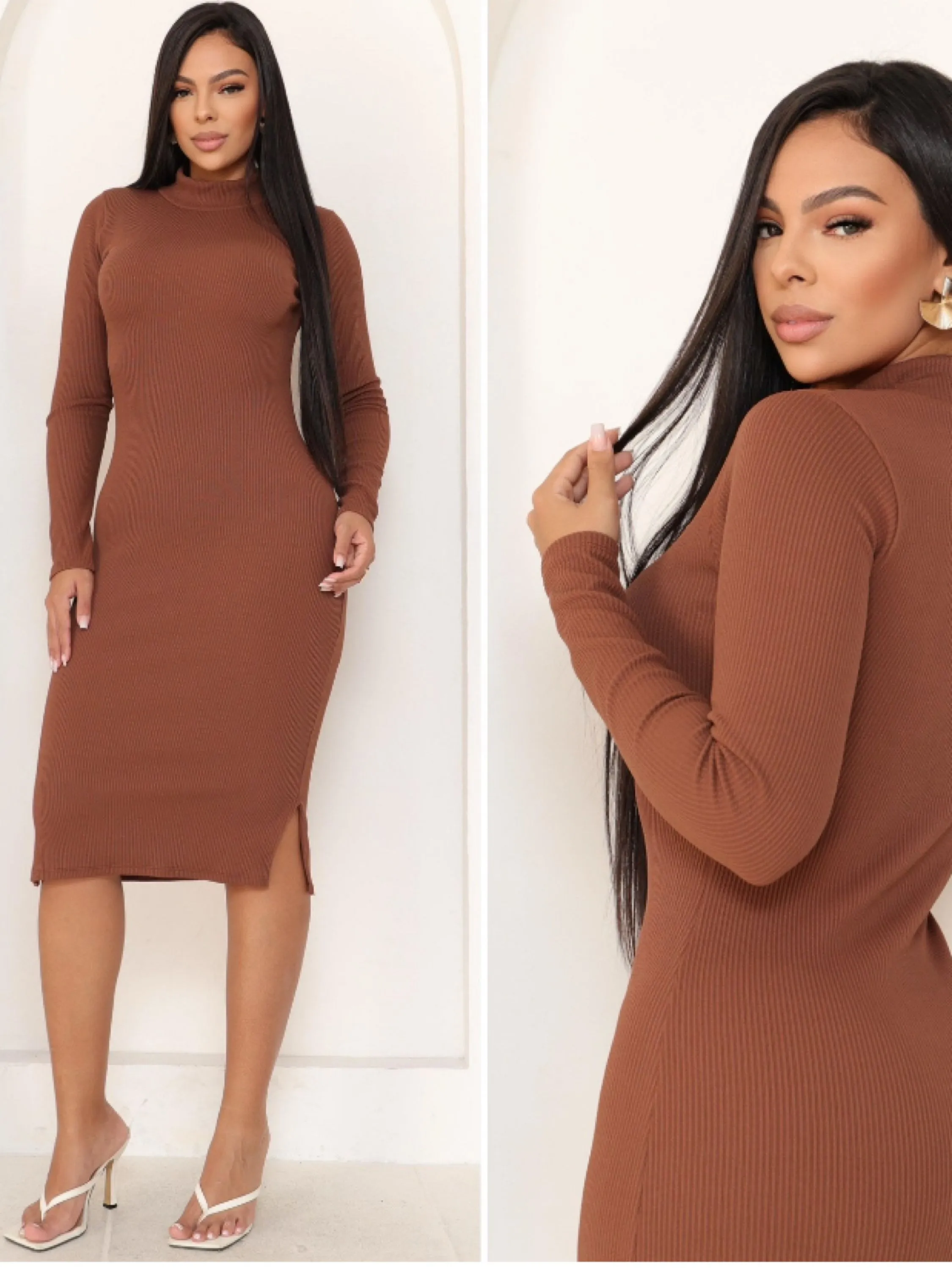 Vestido Manga Longa Midi