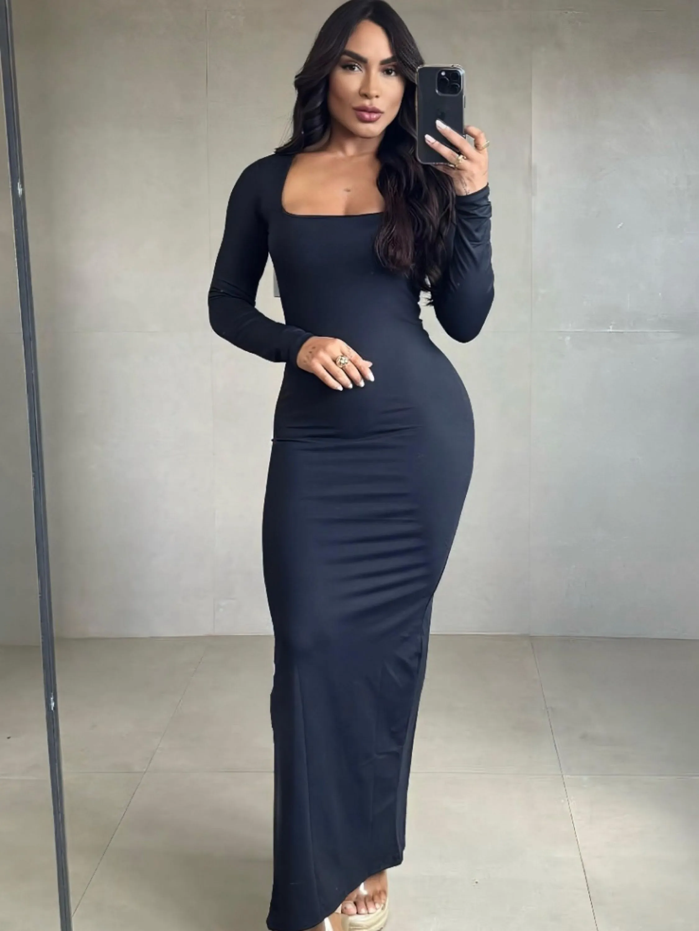 Vestido Longo Decote Quadrado