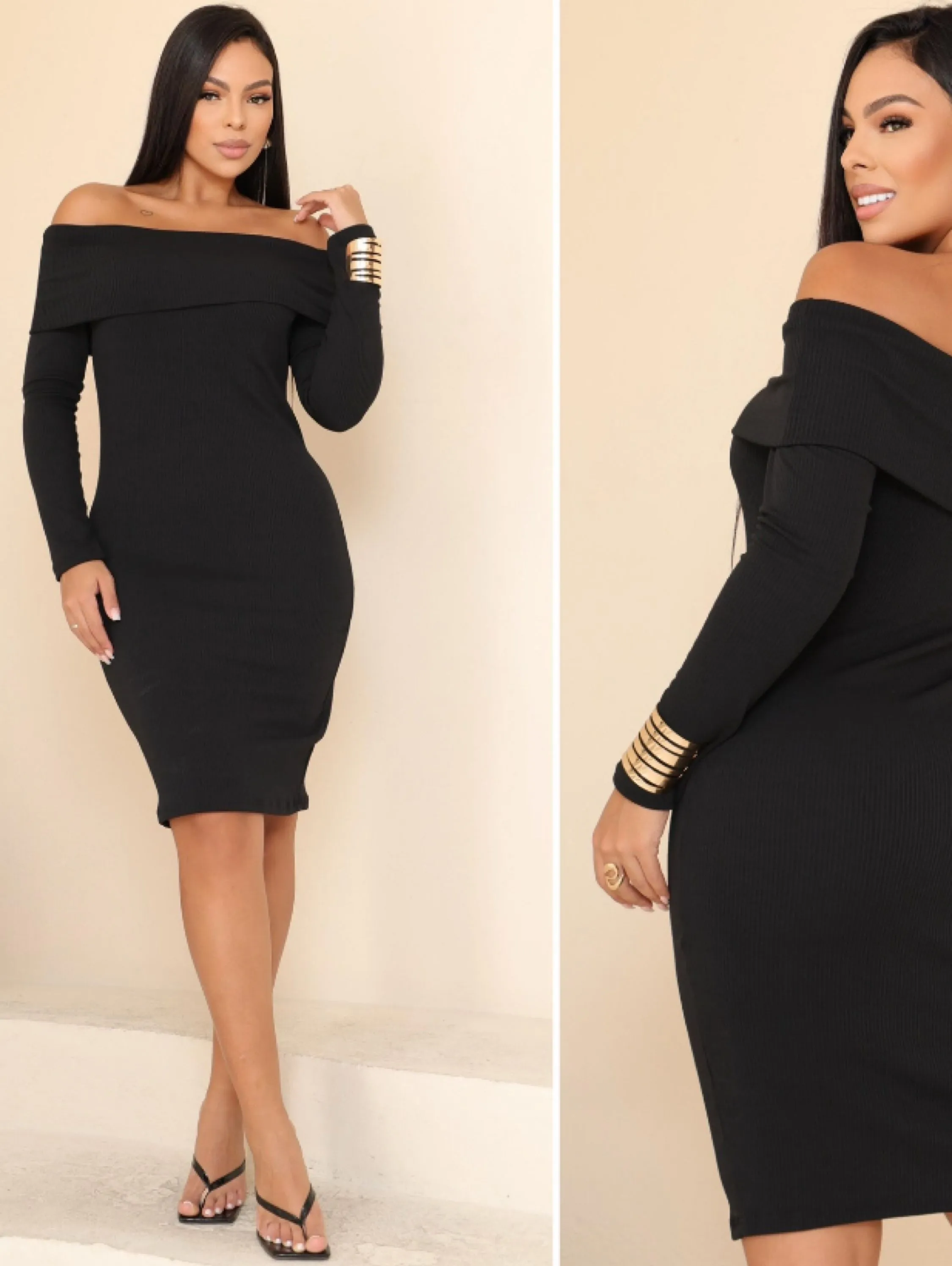 Vestido Manga Longa Ombro a Ombro