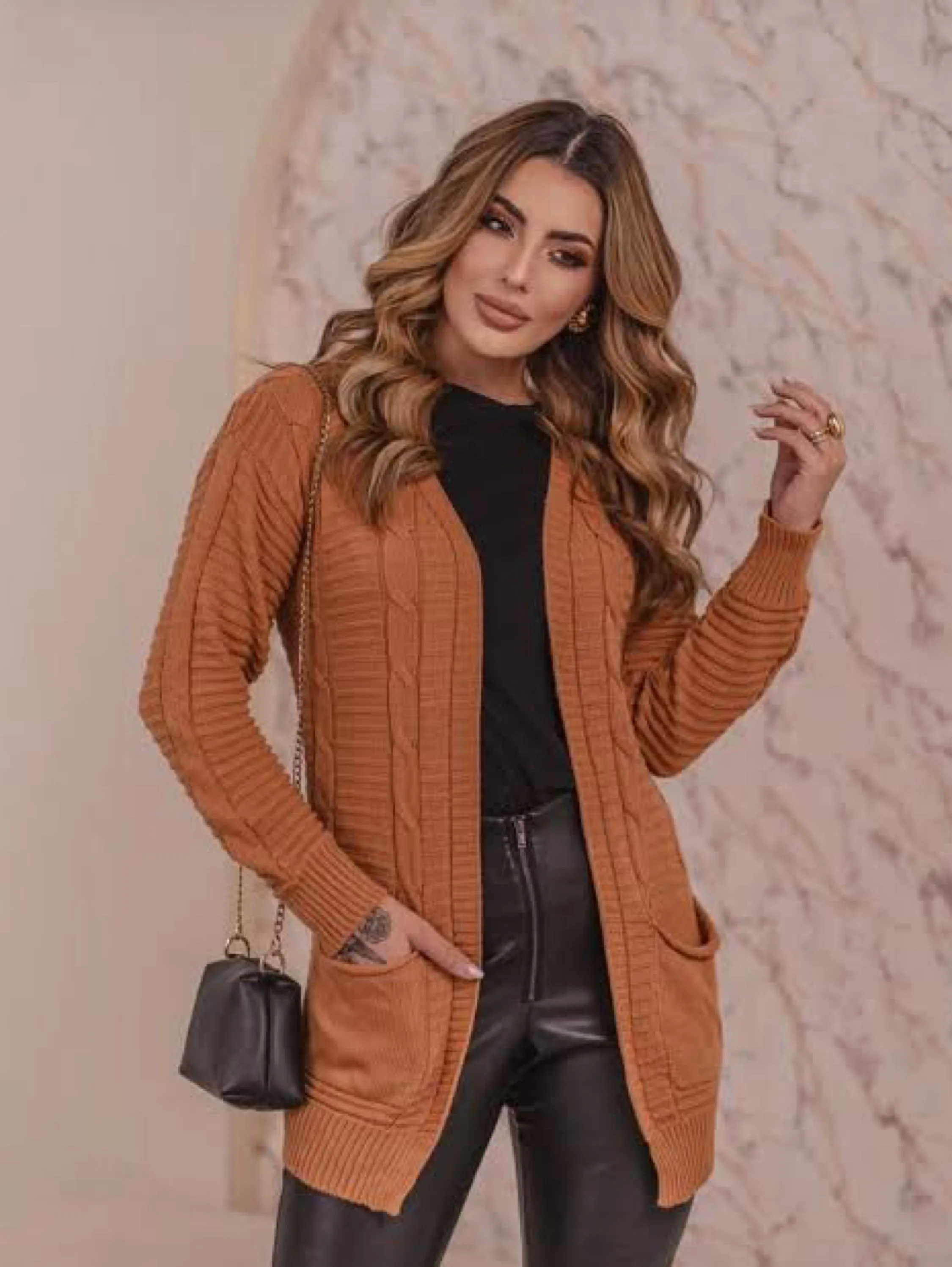 Cardigan Tricô Feminino Manga Longa