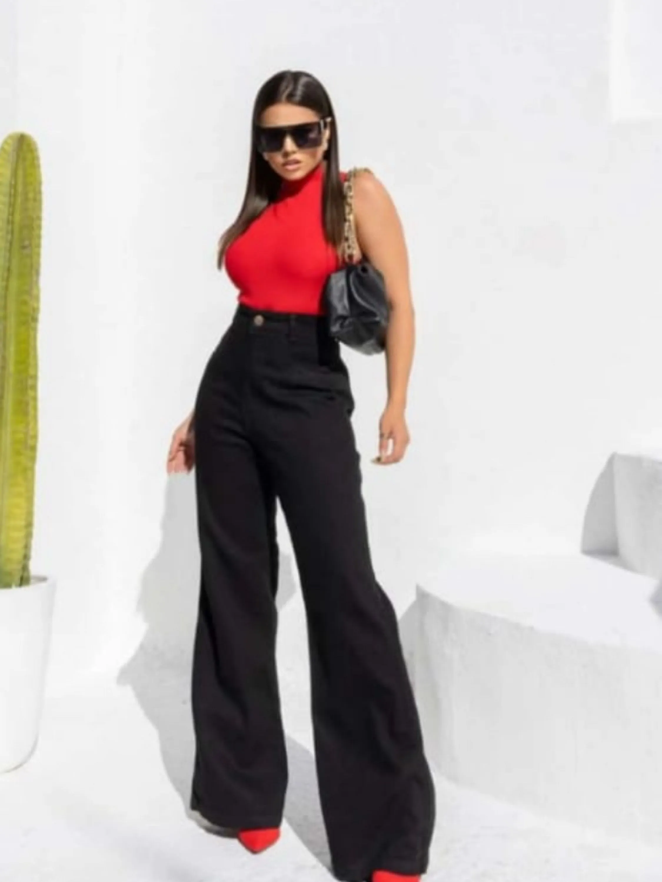 Calça Wide Leg Preta Com cós