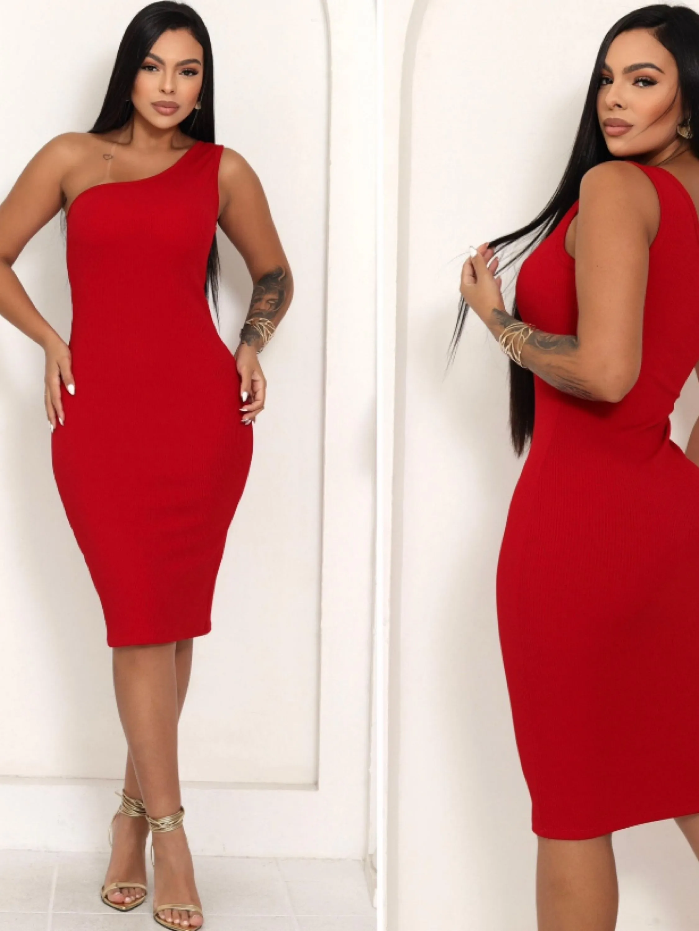 Vestido de um Ombro Midi