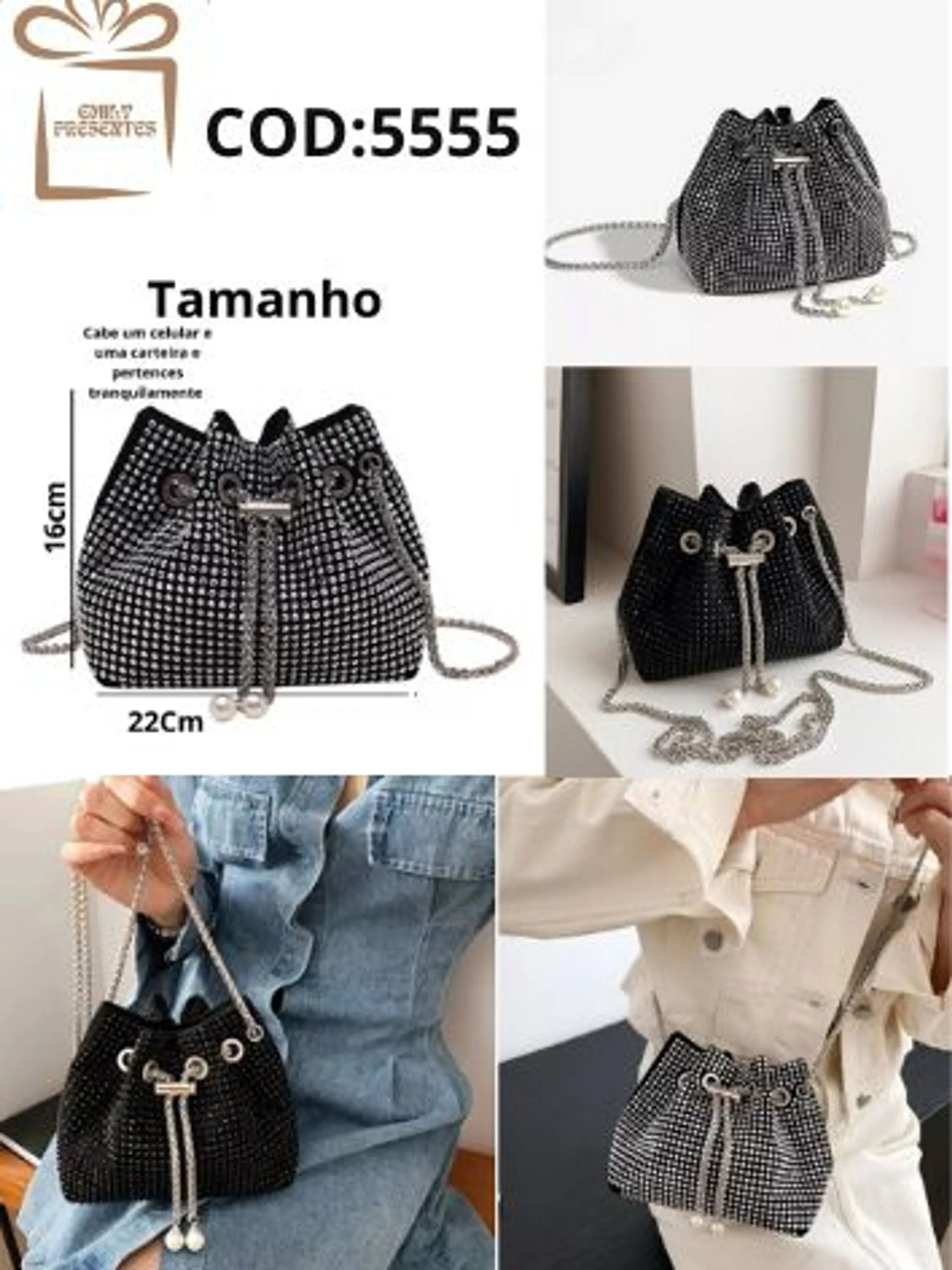 Bolsa Saco Feminina Glamm/Strass Com Corrente Luxo-555