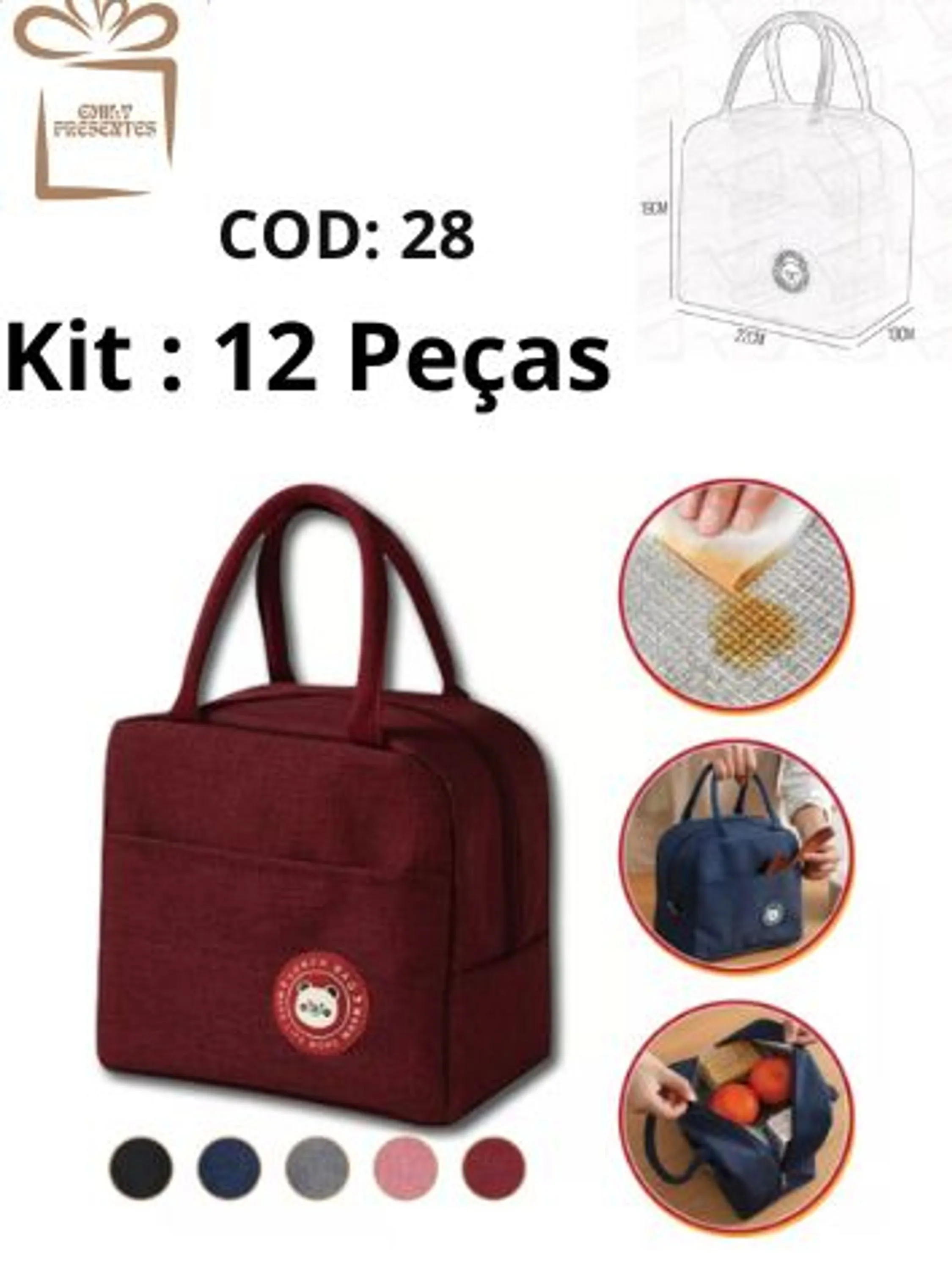 Kit 12 Peças Lancheira Térmica Lisa -Impermeável 28