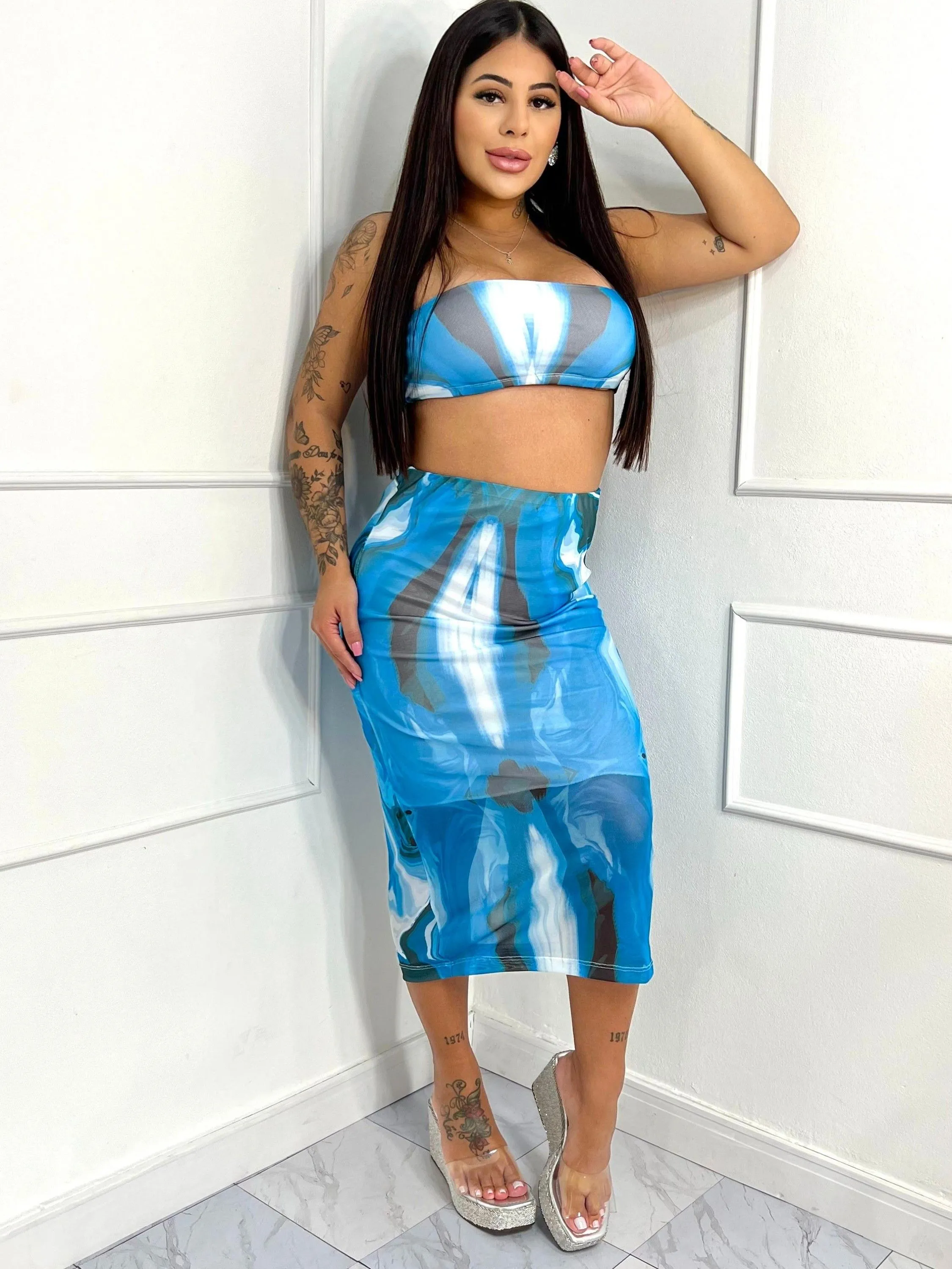 Conjunto midi tule estampado azul